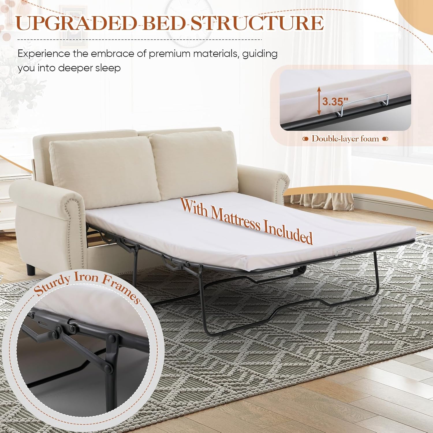 Antetek 73.5-inch Pull Out Sofa Bed with Mattress, Convertible 2-in-1 Folding Full Size Linen Futon Comfy Loveseat Sleeper Sofa Couch Bed with Rolled Arms for Guest Room Living Room Bedroom, Beige
