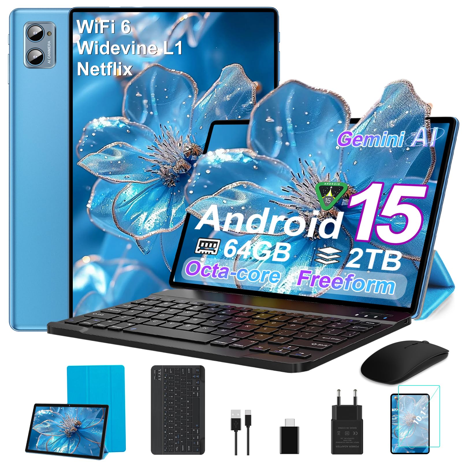 SUAAT Tablets Android 15, 30GB RAM+ 2TB TF,10 Pollici,Octa-Core, WIFI 6, 2Ghz, Widevine L1, GMS, 8MP + 5MP, Type-C, OTG, Cast, Tablet PC con Custodia, Tastiera e Mouse, Blue