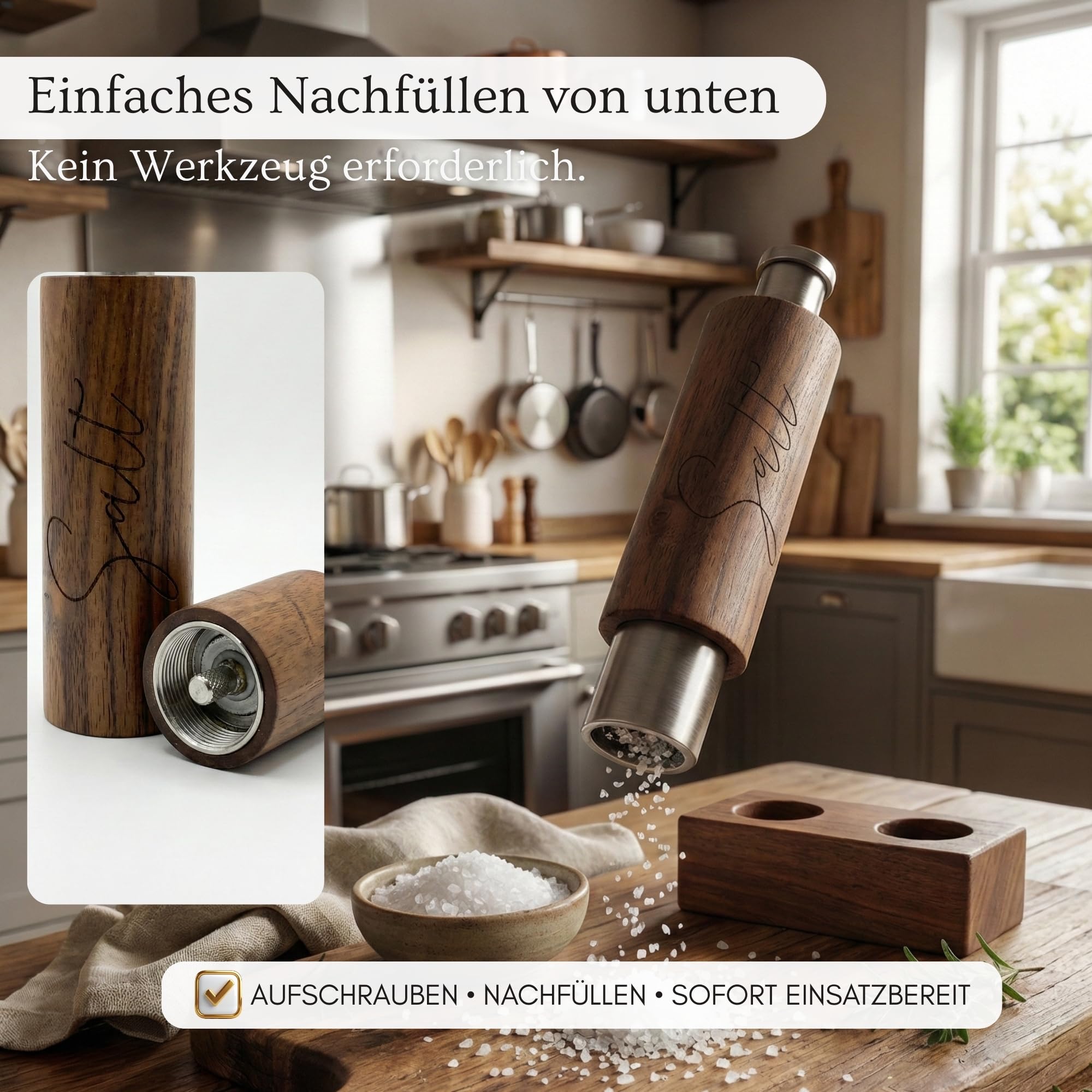 PAVLOVA’S Schweizer Pfeffer- und Salzmühlen Set aus Walnussholz – Einhand-Mühlen mit Keramikmahlwerk – Natürlich geölt – Nachfüllbar – Ablage & Geschenkbox – 10 Jahre Garantie – Limitierte Edition