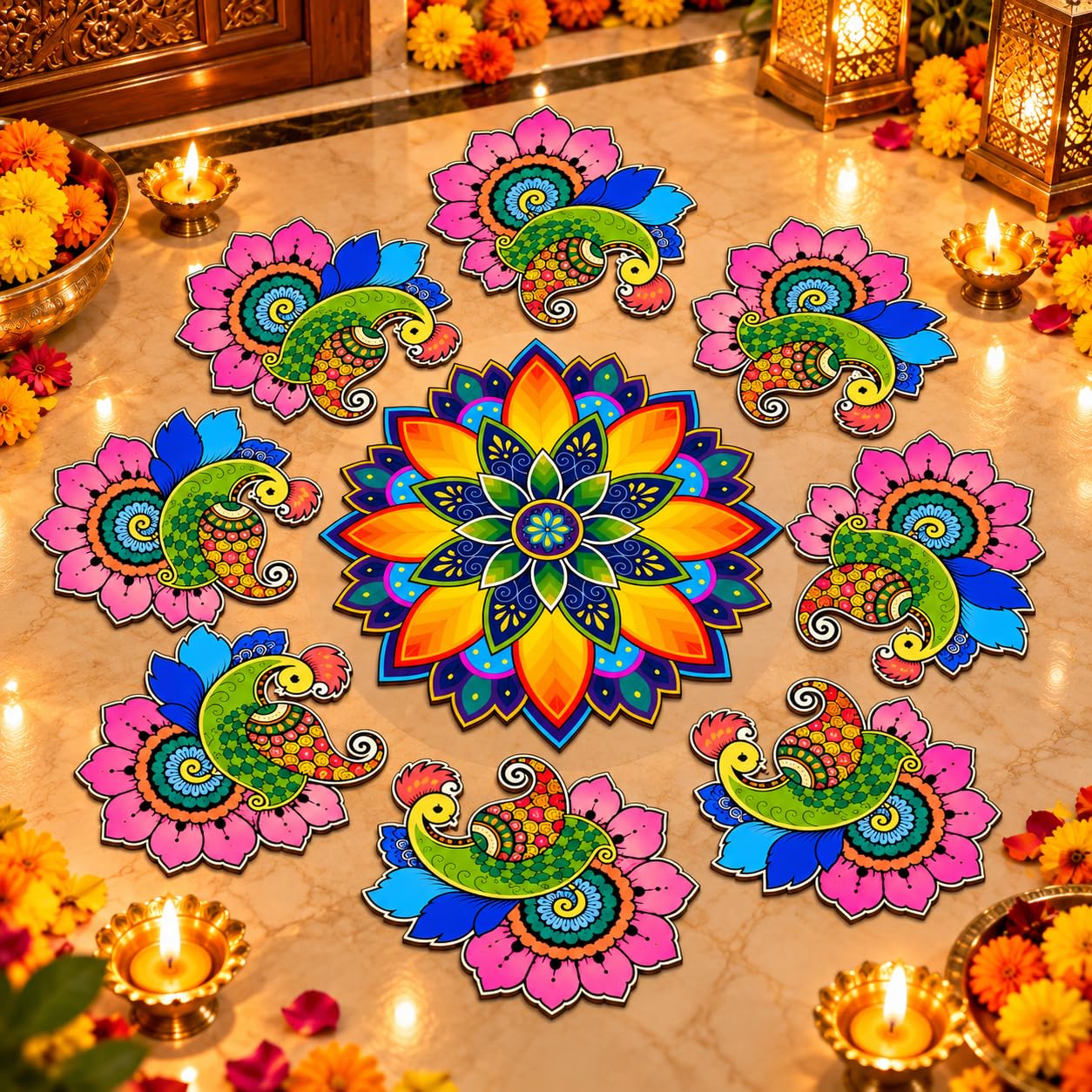 Rangoli Stencils - Peacock & Lotus Designs -11 Rangoli Stencils - Peacock & Lotus Designs -11