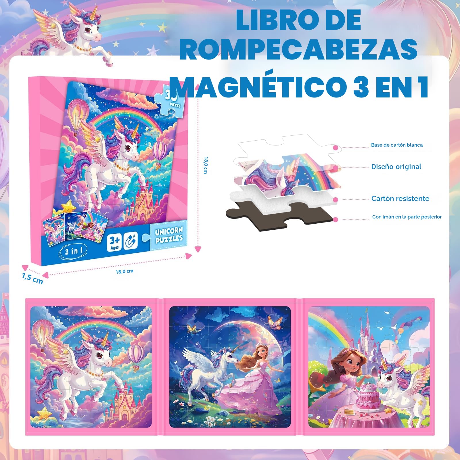 Puzzle MagnéTicos De Unicornio para NiñOs, Rompecabezas para Viajar De 36 Piezas para NiñOs De 3 A 8 AñOs,Puzzle para NiñAs para Mejorar La Inteligencia,Actividades con En AvióN,CumpleañOs