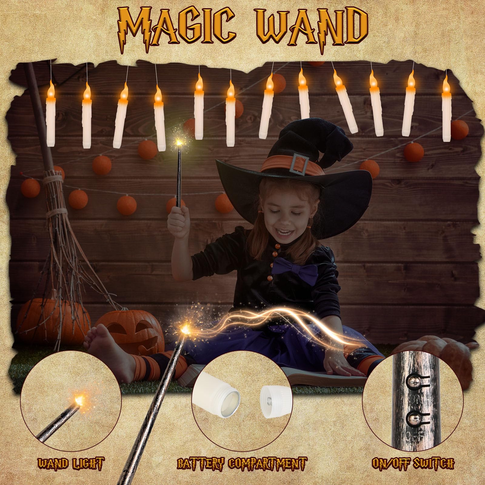 Zorpupoa Floating Candles with Wand Remote, Magic Hanging Candles Halloween Decorations, LED Flickering Flameless Candles for Party Room Home Ceiling Witch Decor, Halloween Gifts (Yellow)