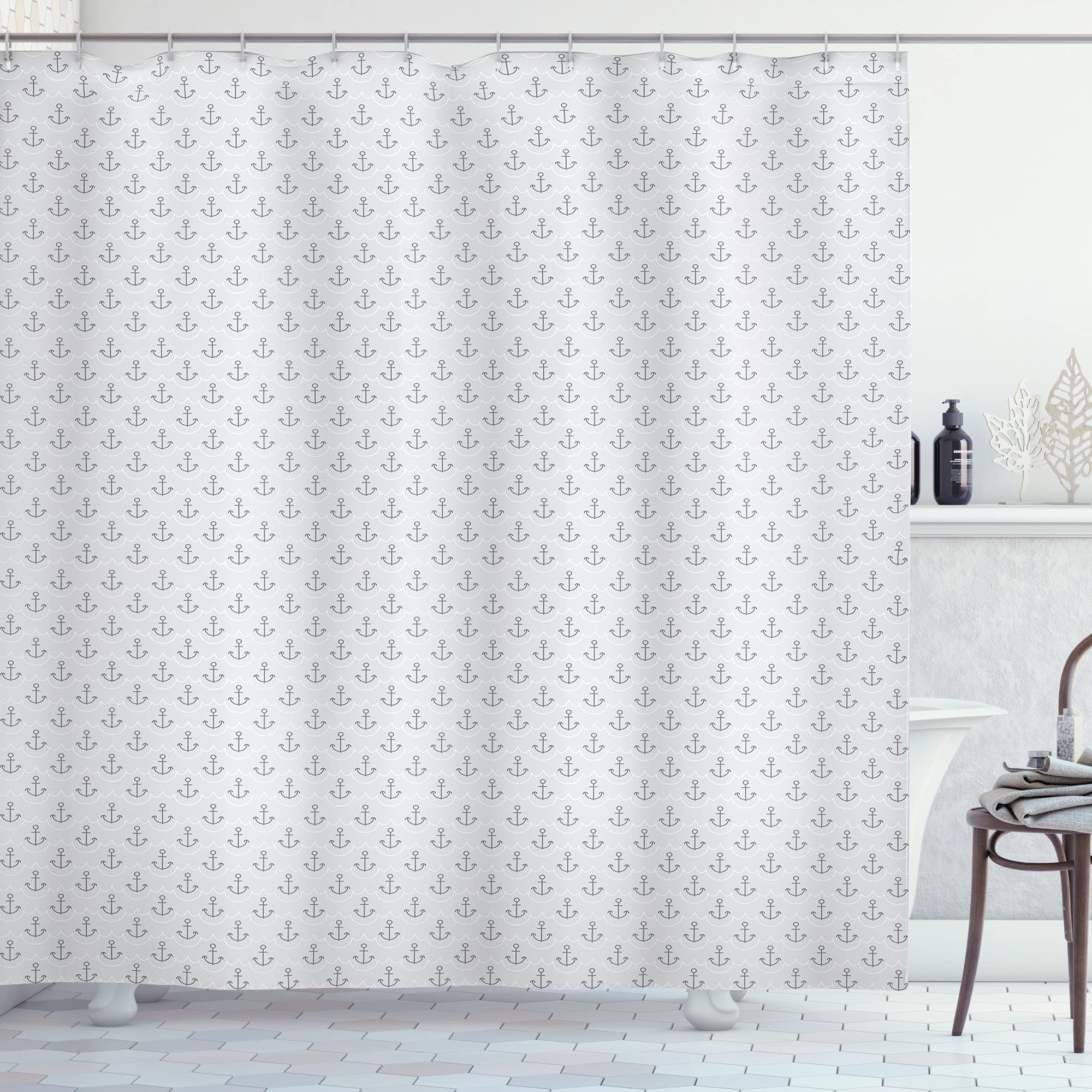 ABAKUHAUS Anchor Shower Curtain, Simple with Ocean Inspired Wave Pattern Oceanic Sea Life, Cloth Fabric Bathroom Decor Set with Hooks, 175 x 180 cm, Grey Light Grey White