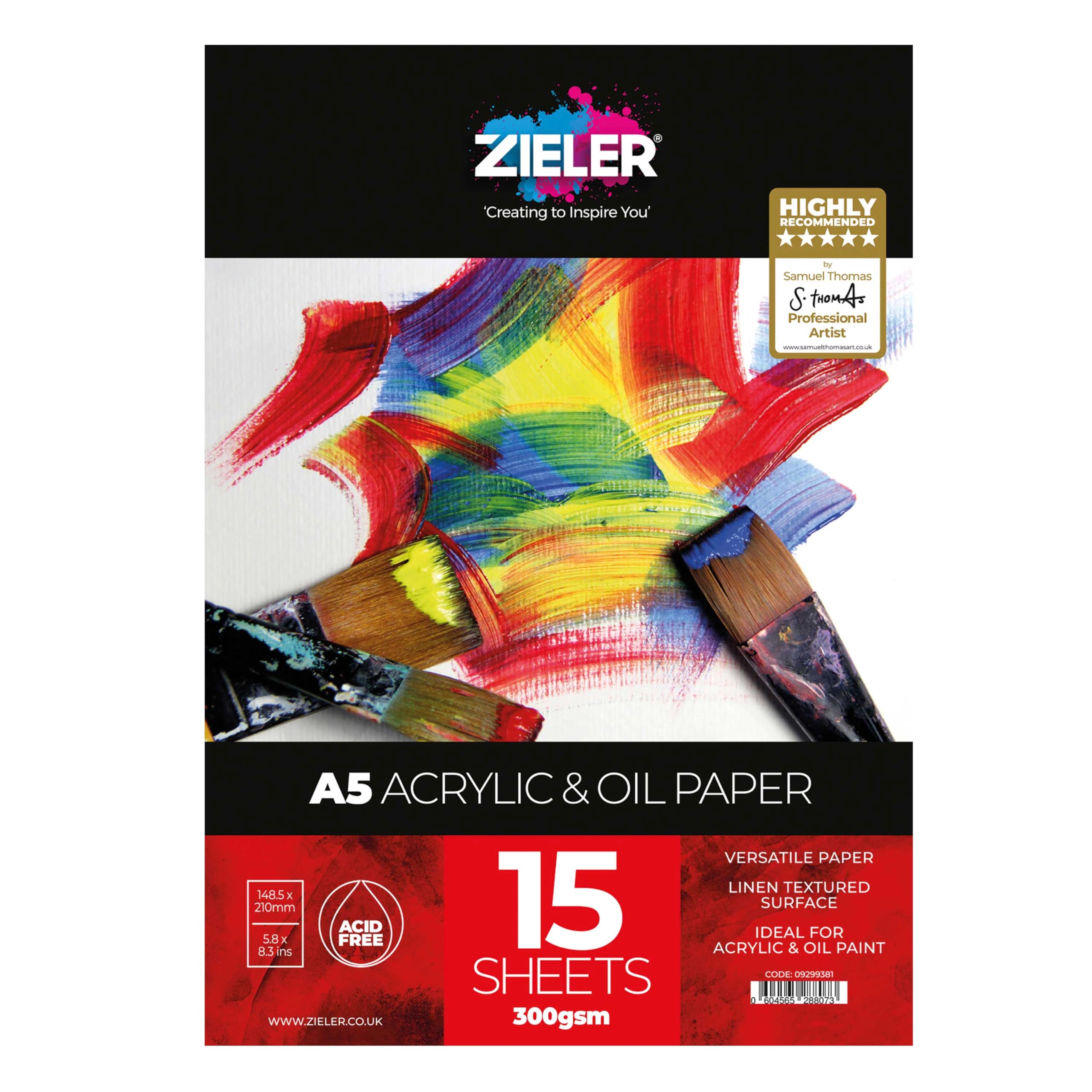 Acrylic & Oil Painting Pad - 300gsm, 15 Sheets - by Zieler® Linen Textured Surface & Acid Free. Ideal for Acrylic & Oil Painting. Made in UK (A5)