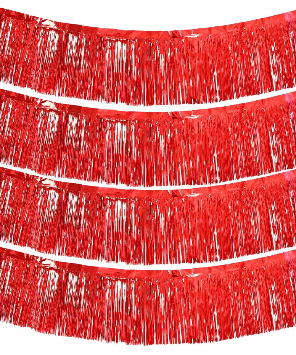 4 Packs 10 Feet Long Foil Fringe Garland Shiny Metallic Tinsel Wall Hanging Banner for Car Parade Floats Wedding Birthday Parties Ceremonies Baby Shower Garden Decorations (Red)