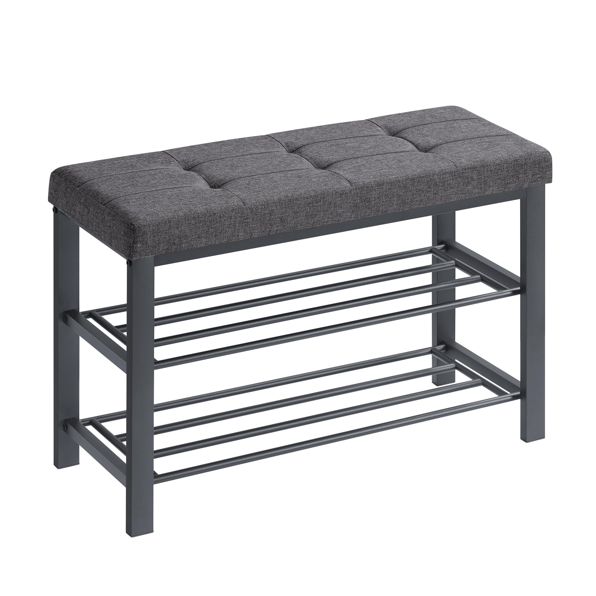 SONGMICS Shoe Bench, 3-Tier Shoe Rack for Entryway, Storage Organiser with Foam Padded Seat, Linen, Metal Frame, for Living Room, Hallway, 31 x 81 x 49 cm, Dark Grey and Black LBS057B01