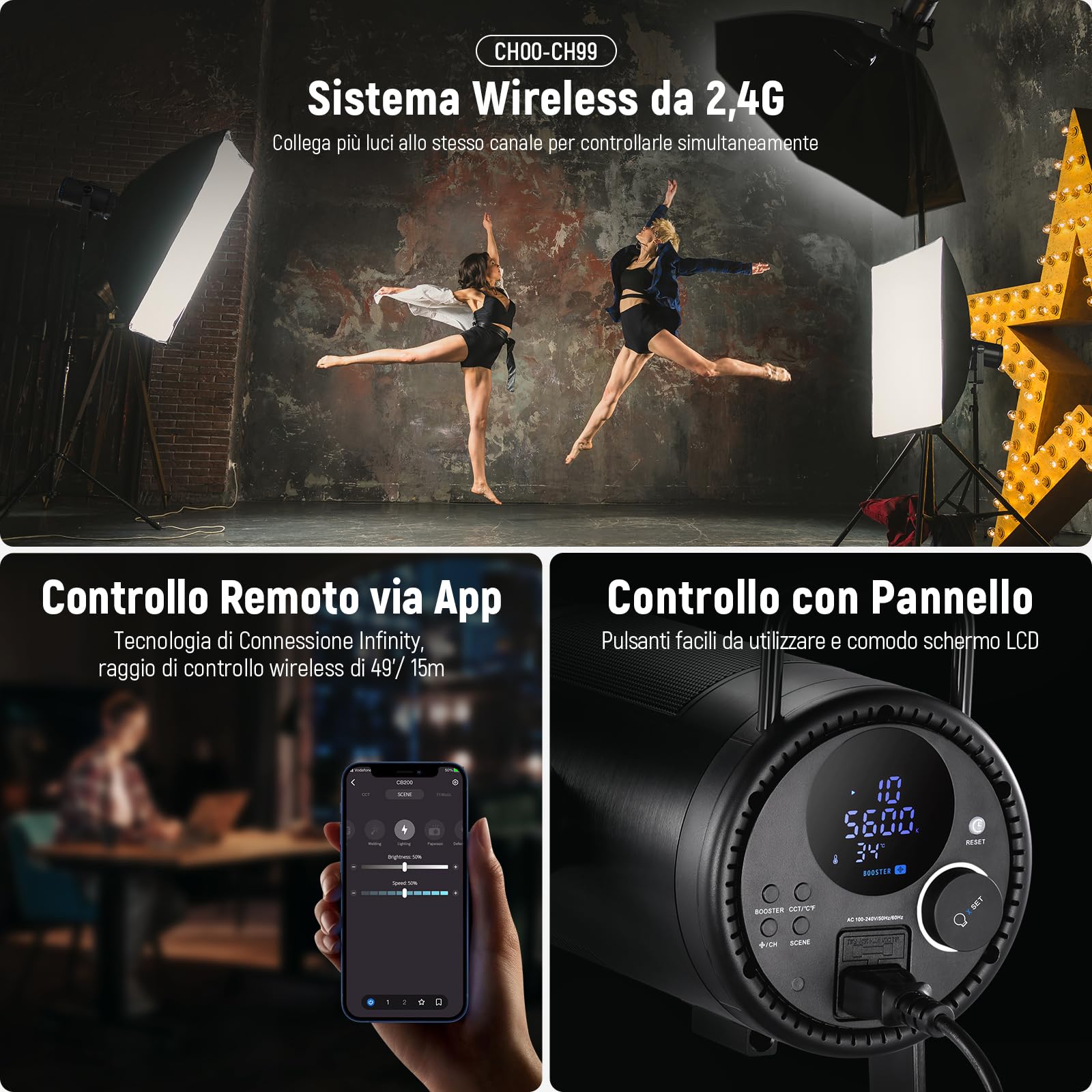 NEEWER CB200 210W Luce Video a LED con Controllo 2,4G/App, Illuminazione Continua COB a Luce Diurna da 5600K per Fotografia con 98500lux/m, CRI97+/TLCI97+, 9 Scene, Dimmerazione PWM, Attacco Bowens