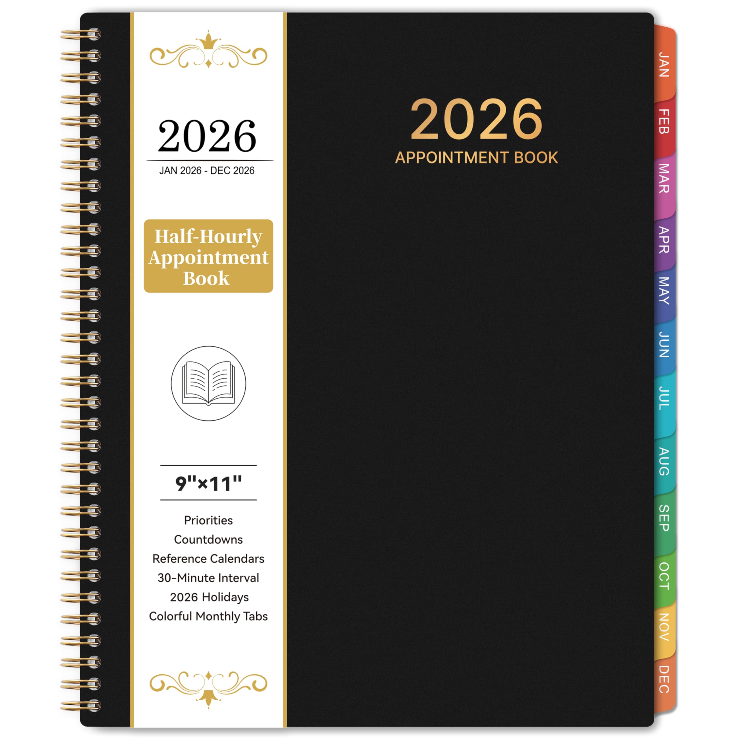 2026 Appointment Book/Planner - 2026 Planner Large 9" x 11", Jan 2026 - Dec 2026, Daily Hourly Planner with 30-Minute Interval, Weekly & Monthly, Colorful Monthly Tabs, Inner Pocket - Black
