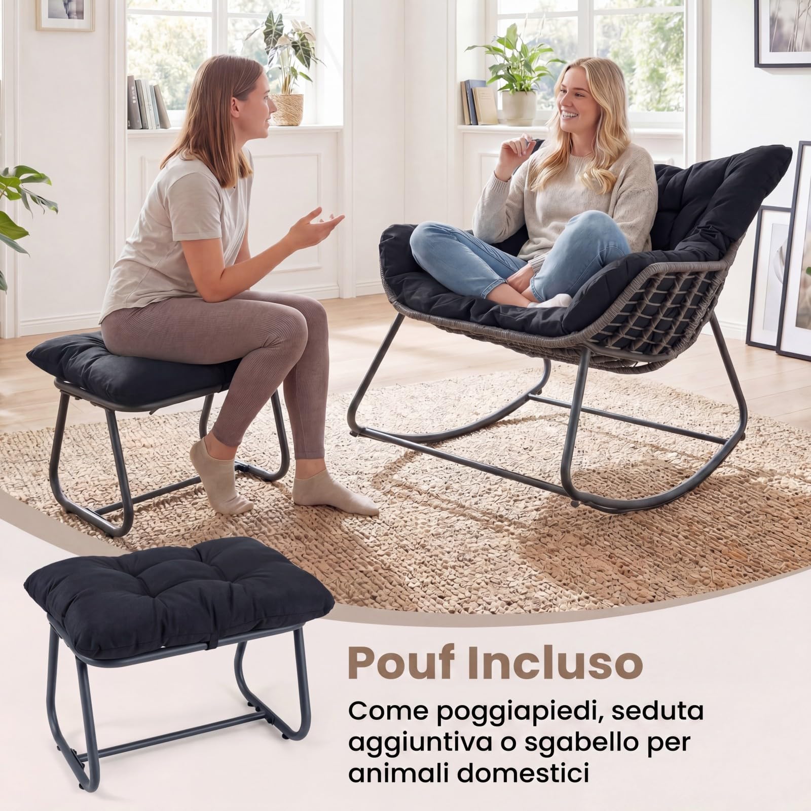 COSTWAY Sedia a Dondolo da Interno ed Esterno, Poltrona a Dondolo con Poggiapiedi e Cuscini Rimovibili, Poltrona Relax in Rattan con Telaio in Metallo per Soggiorno e Giardino, Portata 150 kg (Nero)