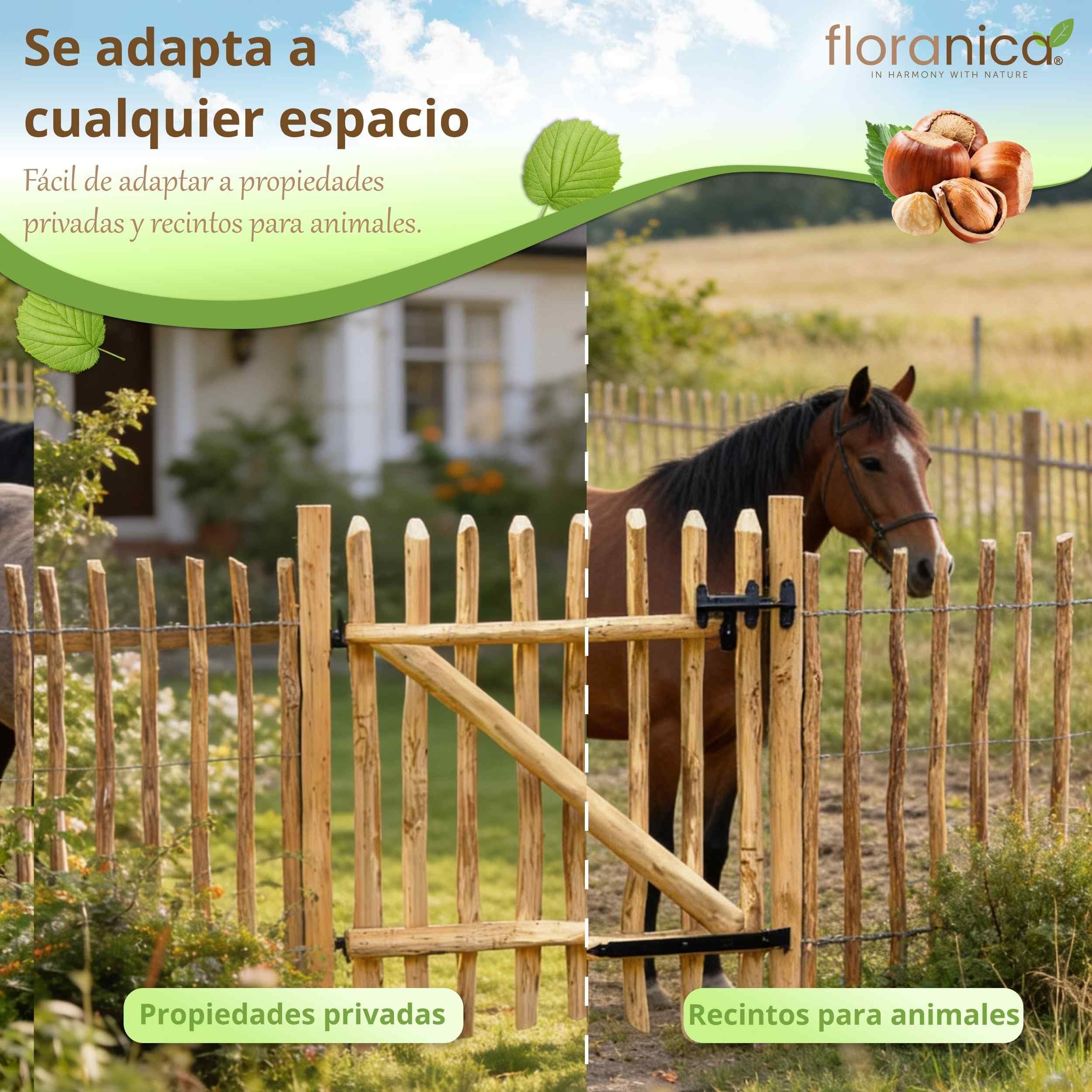 Floranica Puerta de jardín de madera de avellano para valla de estacas Altura 115 cm x 100 cm 1 hoja – lista para instalar incl. bisagras