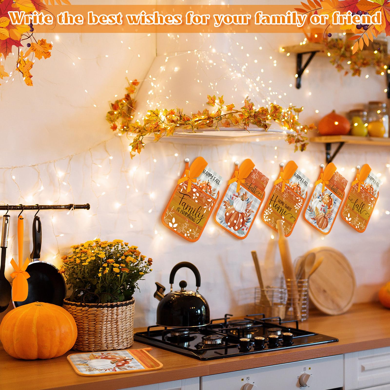 Layhit 18 Pcs Pot Holders with Silicone Spatulas Funny Baking Theme Pot Holders Gift Resistant Oven Mitts Cooking Pocket Potholders(Fall)(Fall)