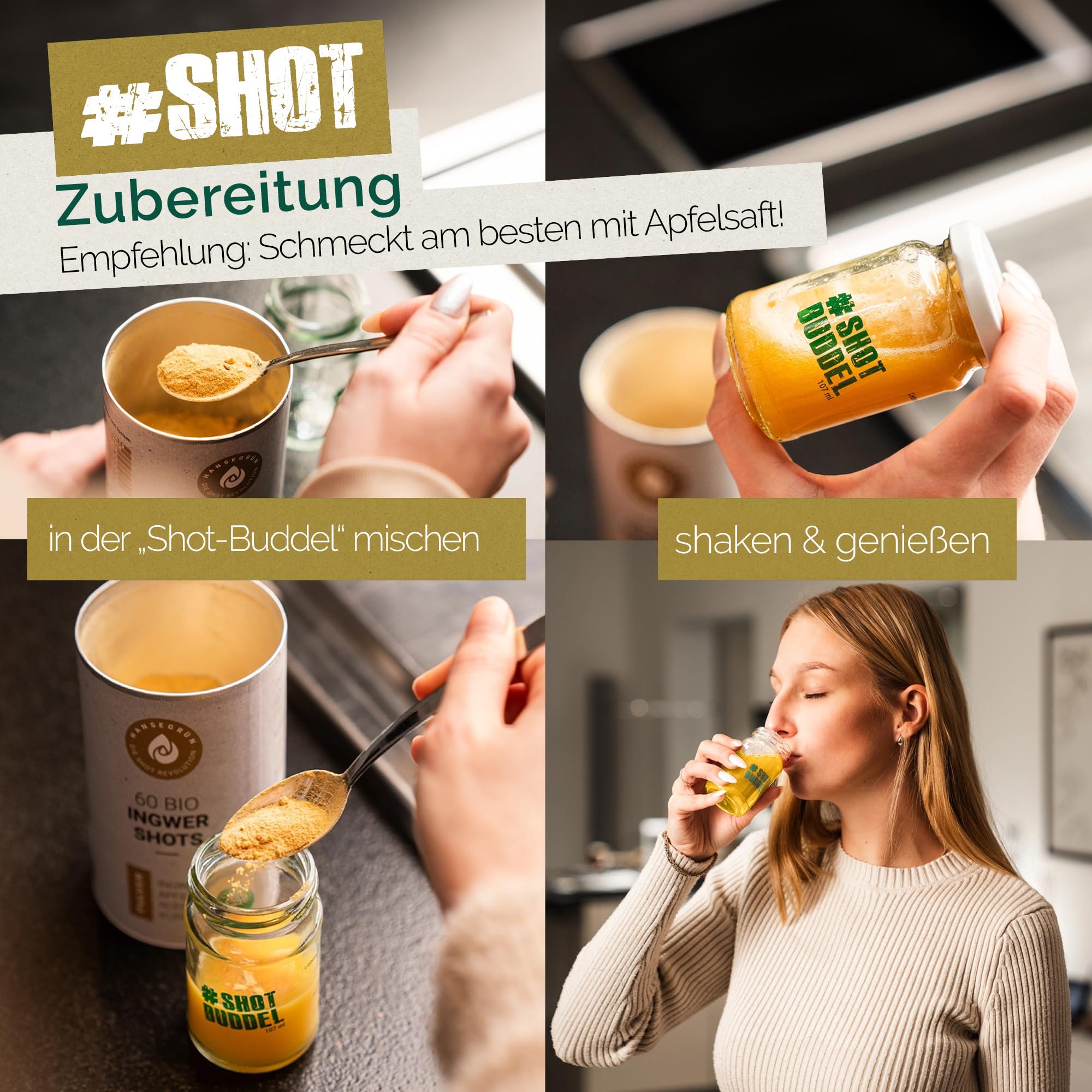 Hansegrün - Bio Ingwer Kurkuma Shots (60 Stk.) - Veganes Superfood-Pulver für Immungsystem¹ & Energiestoffwechsel² - Kurkuma, Zitronenschale & Acerola - 100% echte Zutaten zur täglichen Zubereitung