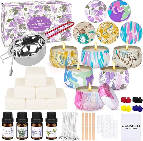 KEARLGMBH Candle Making Kit for Adults Beginners - Candle Making Supplies Include 360g Wax, 6 Dyes, 4 Scents, 25 Wicks, 6 Tins, 40 Wicks Sticks, Melting Pot, Stirring Spoon and Centering Device