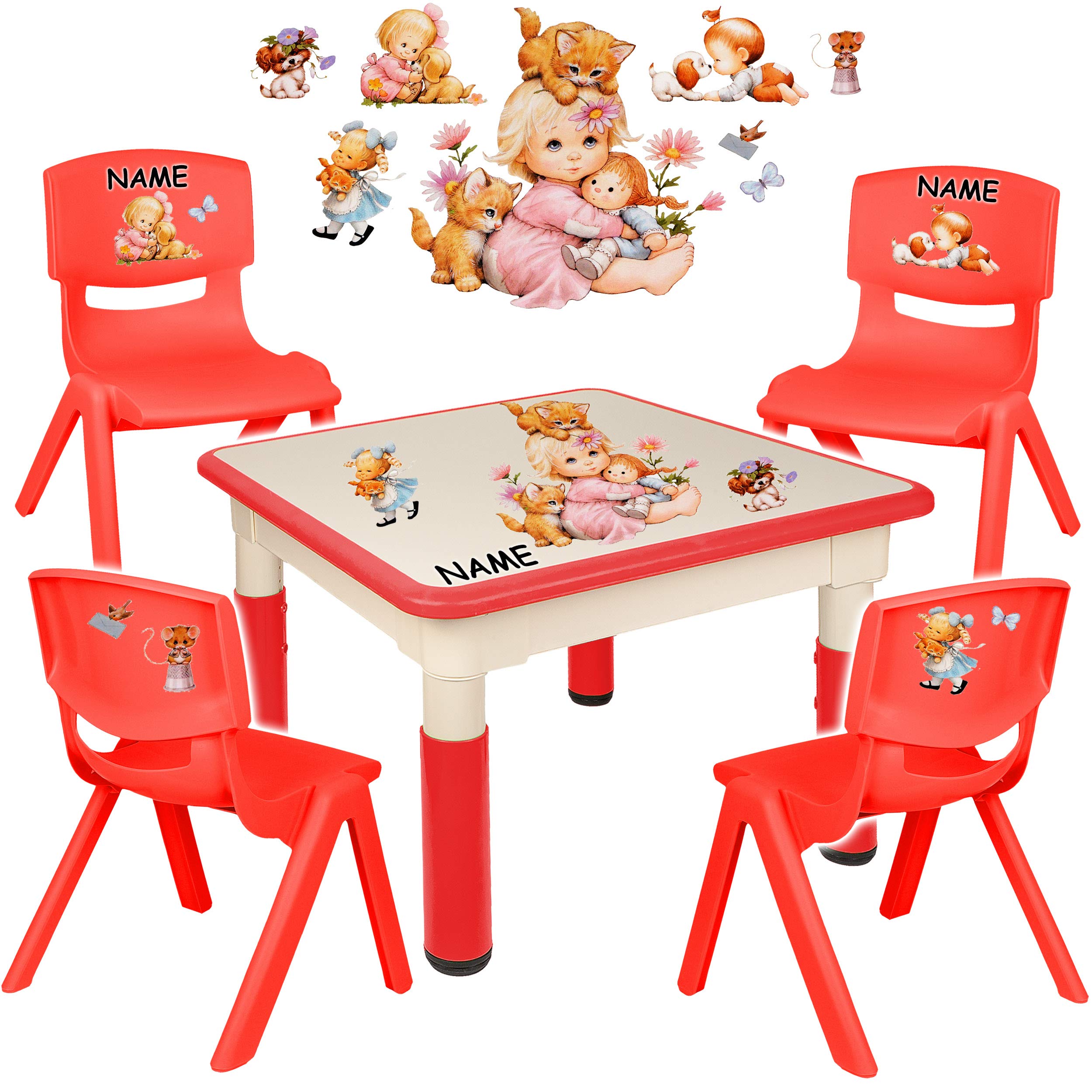 alles-meine.de GmbH Sitzgruppe für Kinder - Tisch + 4 Kinderstühle - Größen & Motiv & Farbwahl - Kinder & Tierbaby/rot - höhenverstellbar - 1 bis 8 Jahre - Plastik - für INNEN ..