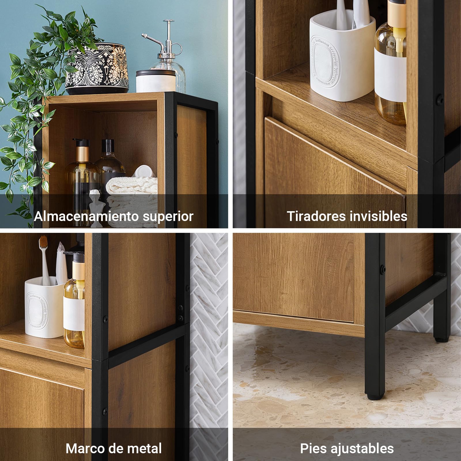 SoBuy Mueble Baño Alto Armario Baño Estrecho 30x168x28 cm Estilo Industrial | Columna de Baño Estrecha Vintage con 3 Estantes Abiertos y 1 Puerta, Armario Auxiliar de Baño, BZR62-PF