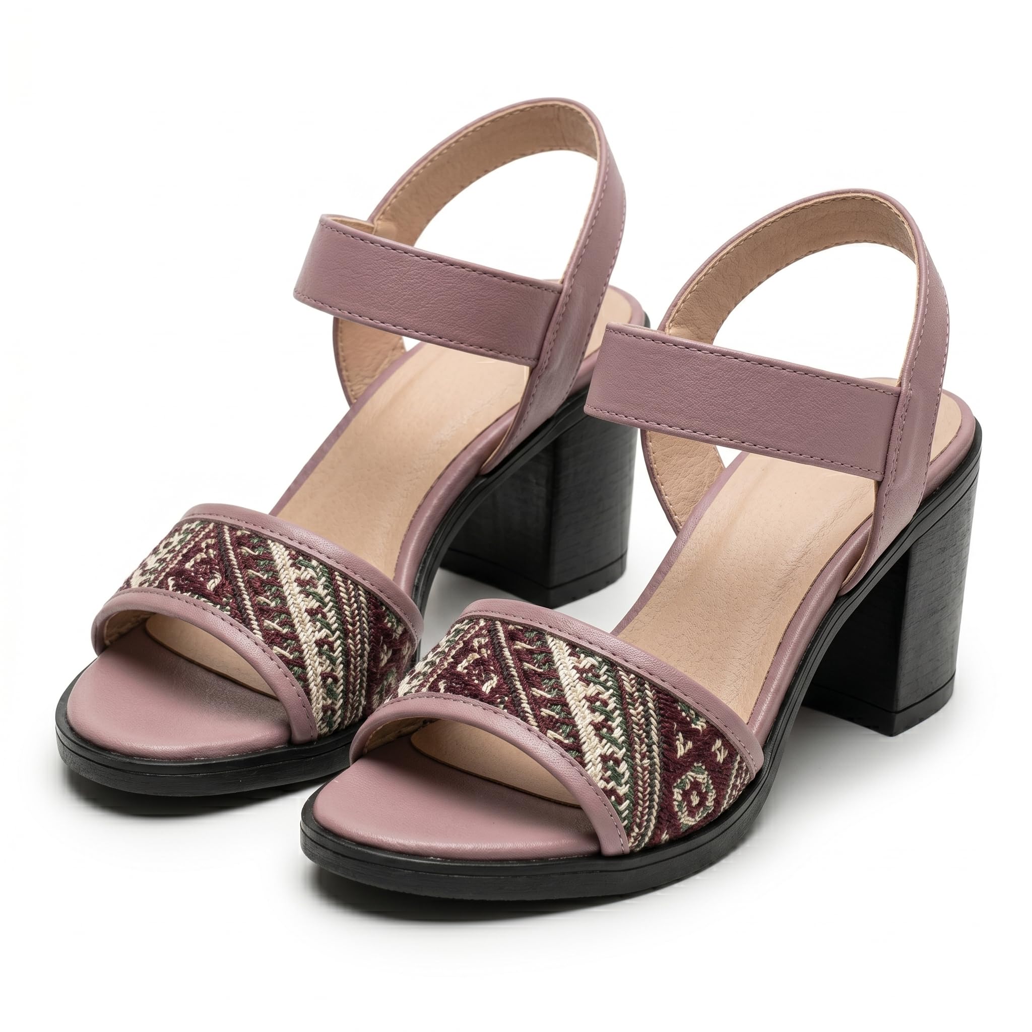 Collection Women's Block Heel Sandals, Black with Ethnic Embroidered Strap, Slingback-image-19