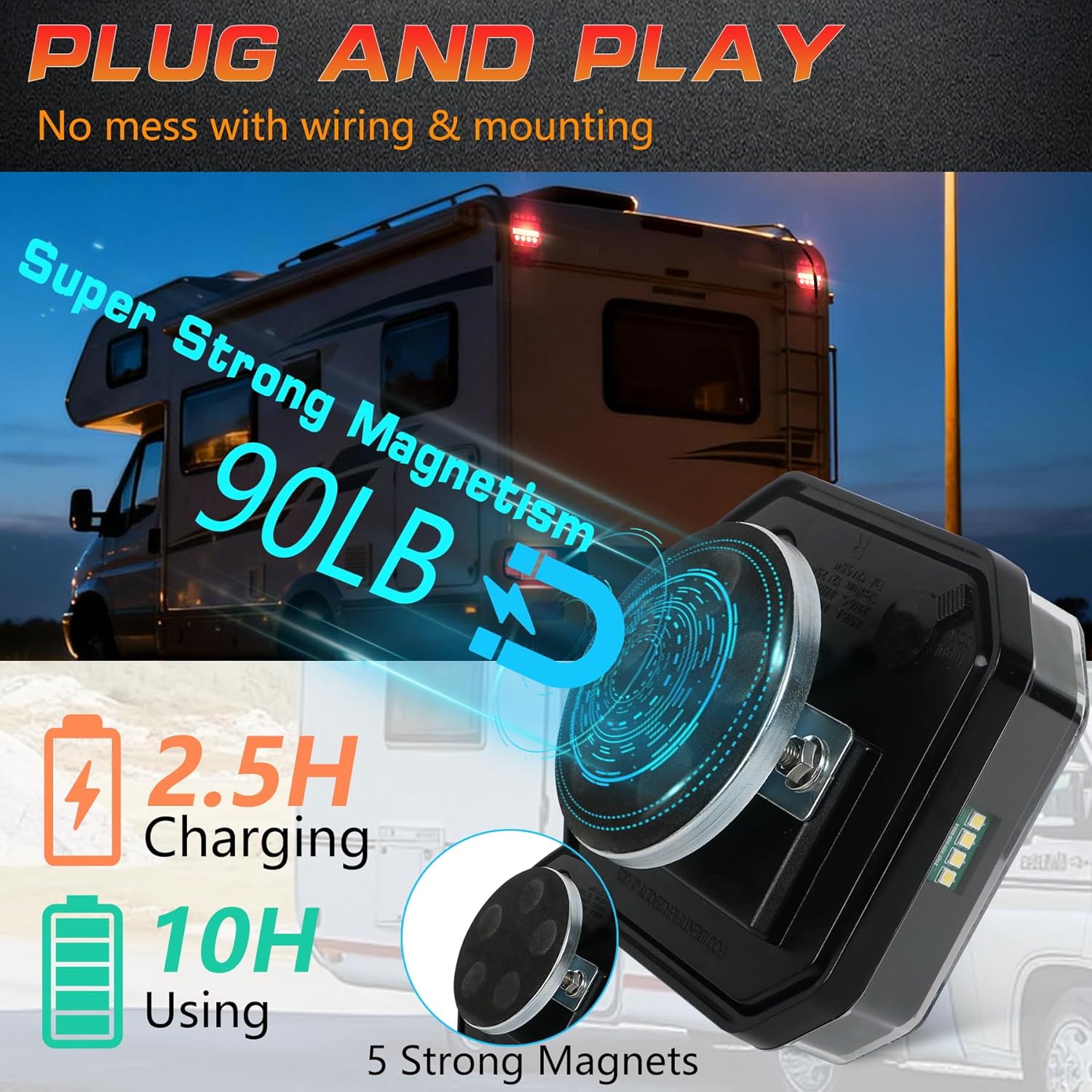 Wireless Trailer Lights Magnetic, Rechargeable LED Towing Trailer Light Kit with Ultra Strong 90LB Magnetic Base,100FT Range,IP67 Waterproof, 6 MODES OF LIGHTING, for Trucks, Boat, RV, Camper