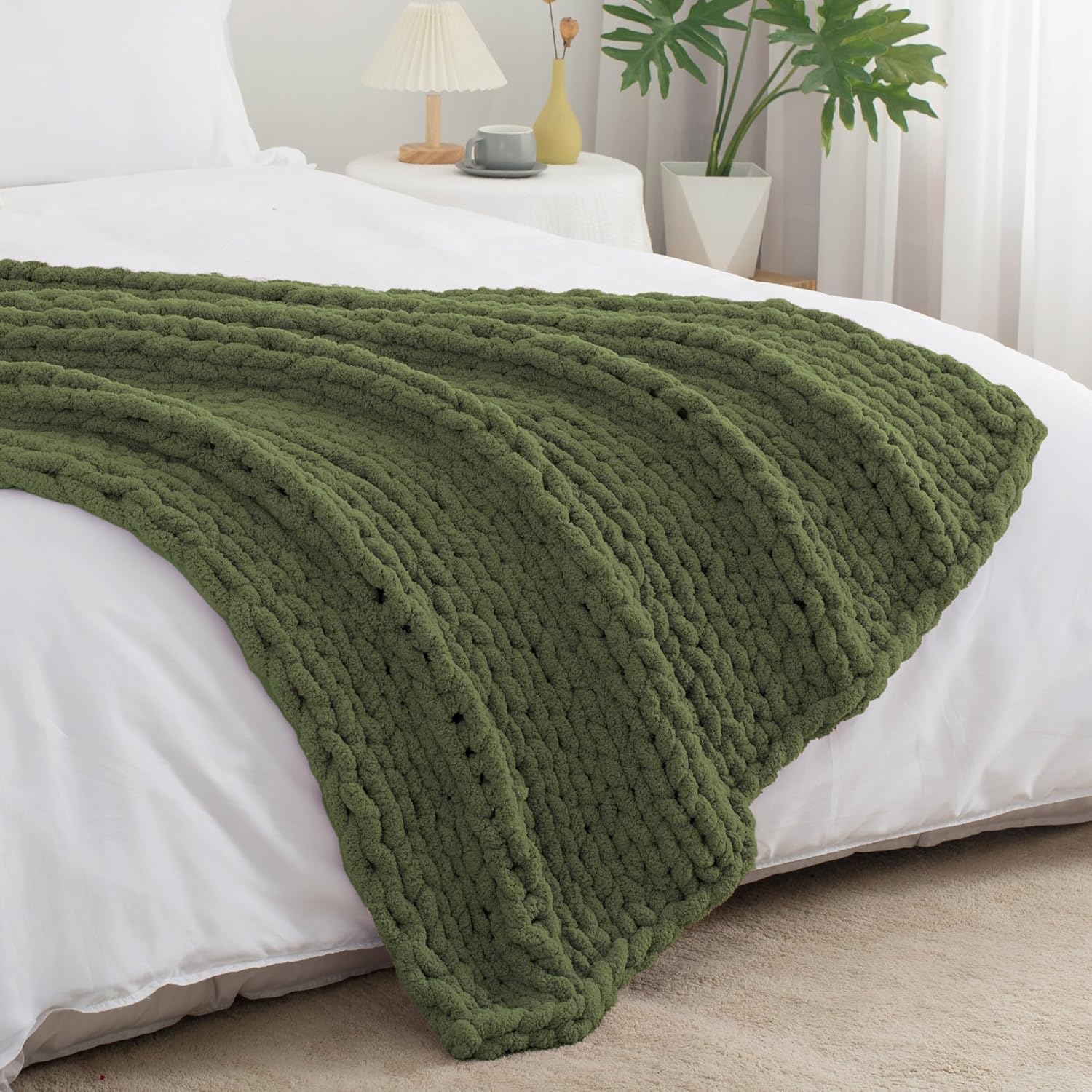 Chunky Knit Throw Blanket 50X 60, 100% Handmade with Soft Chenille Yarn, 4.4lbs Thick Cable Knitted Blankets, Large Rope Knot Crochet Throws for Couch Sofa Bed Home Decor, Olive Green