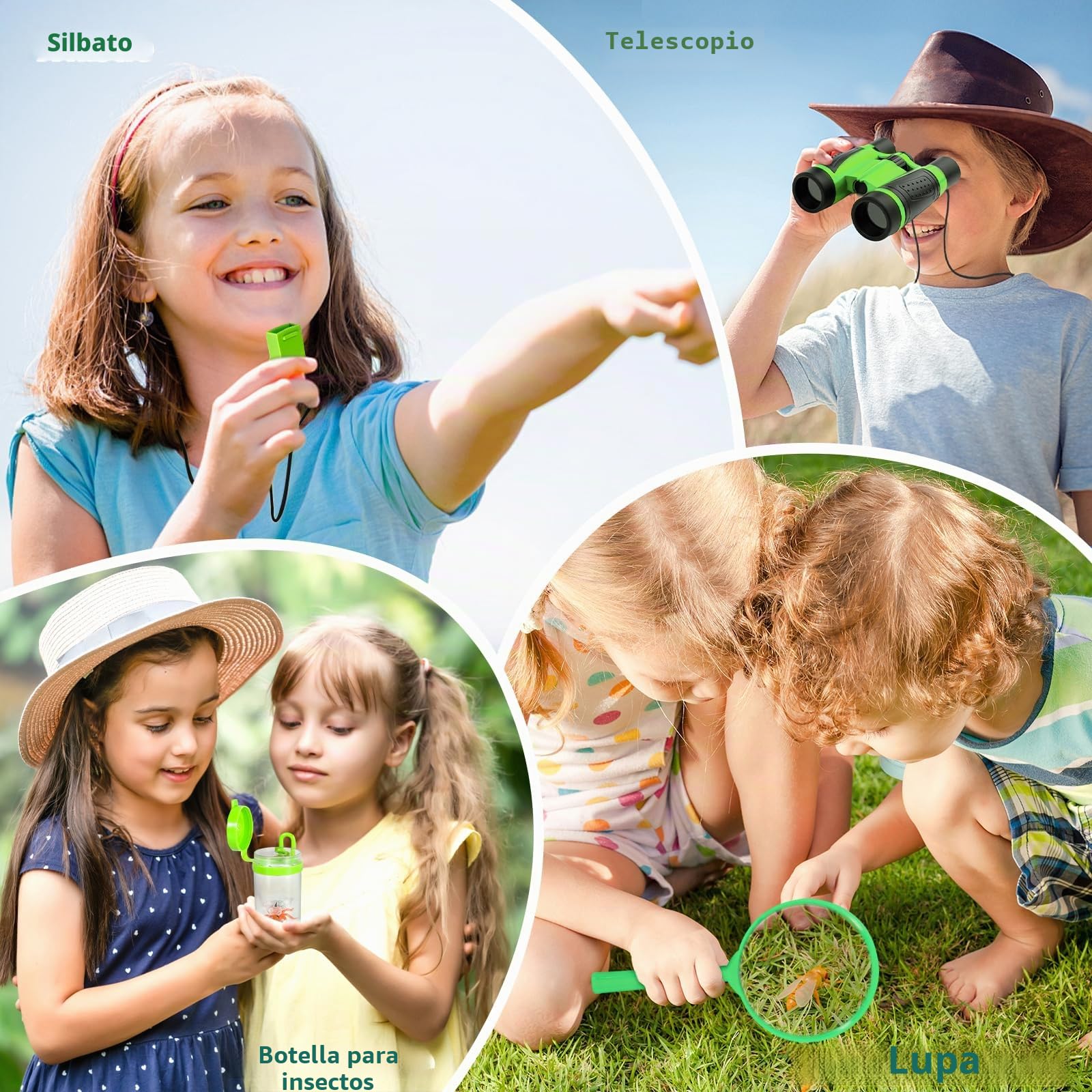 Kit Explorador Niños 23 Piezas – Juego Exploración Infantil con Prismaticos, Lupa, Caja Insectos, Chaleco, Sombrero, Linterna y Red – Disfraz Aventura para Jardín, Camping y Naturaleza