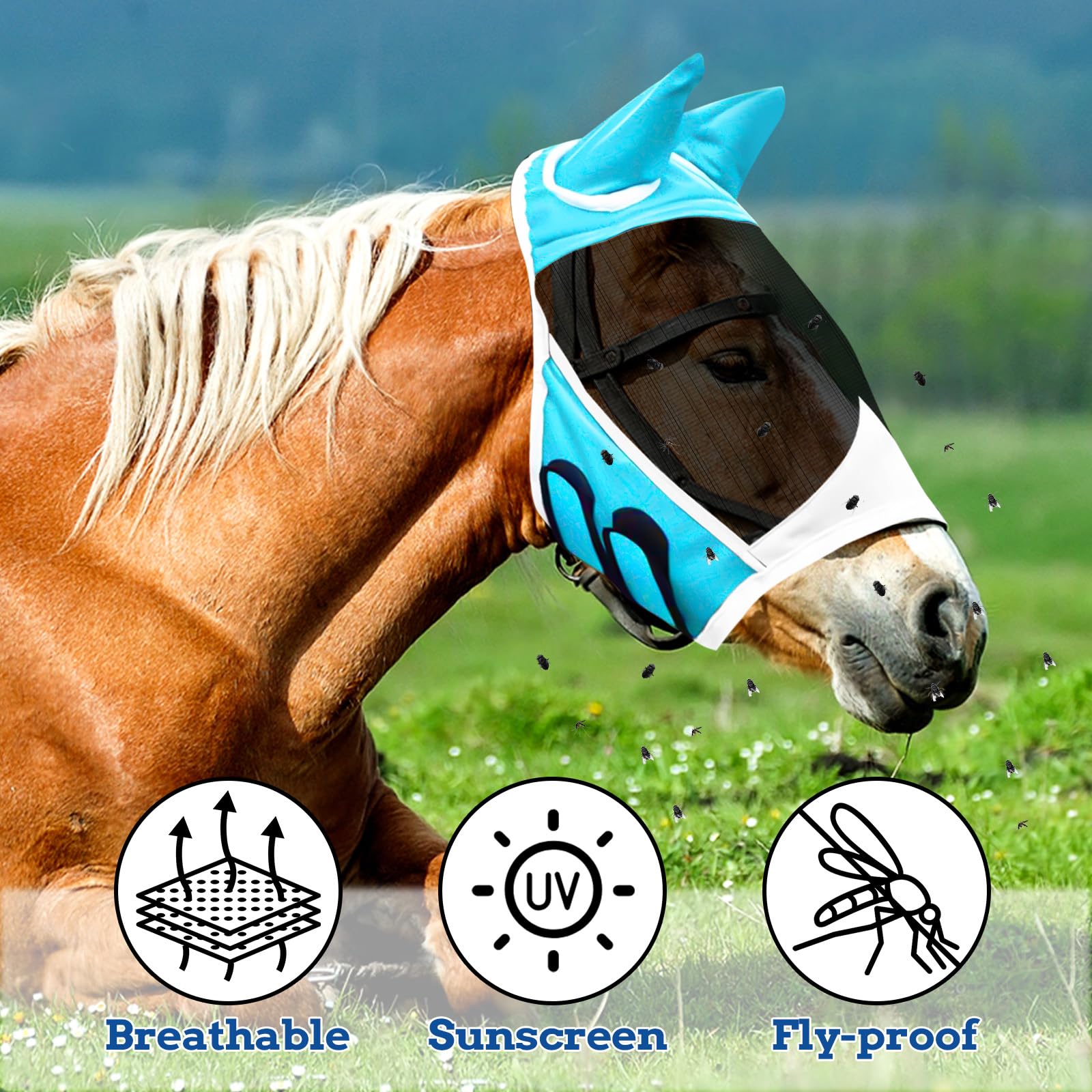 Masque Anti-mouches Pour Cheval Avec Protection UV - Tissu Respirant Et Extensible, Couleur Bleue | Pour Poney Et Cheval