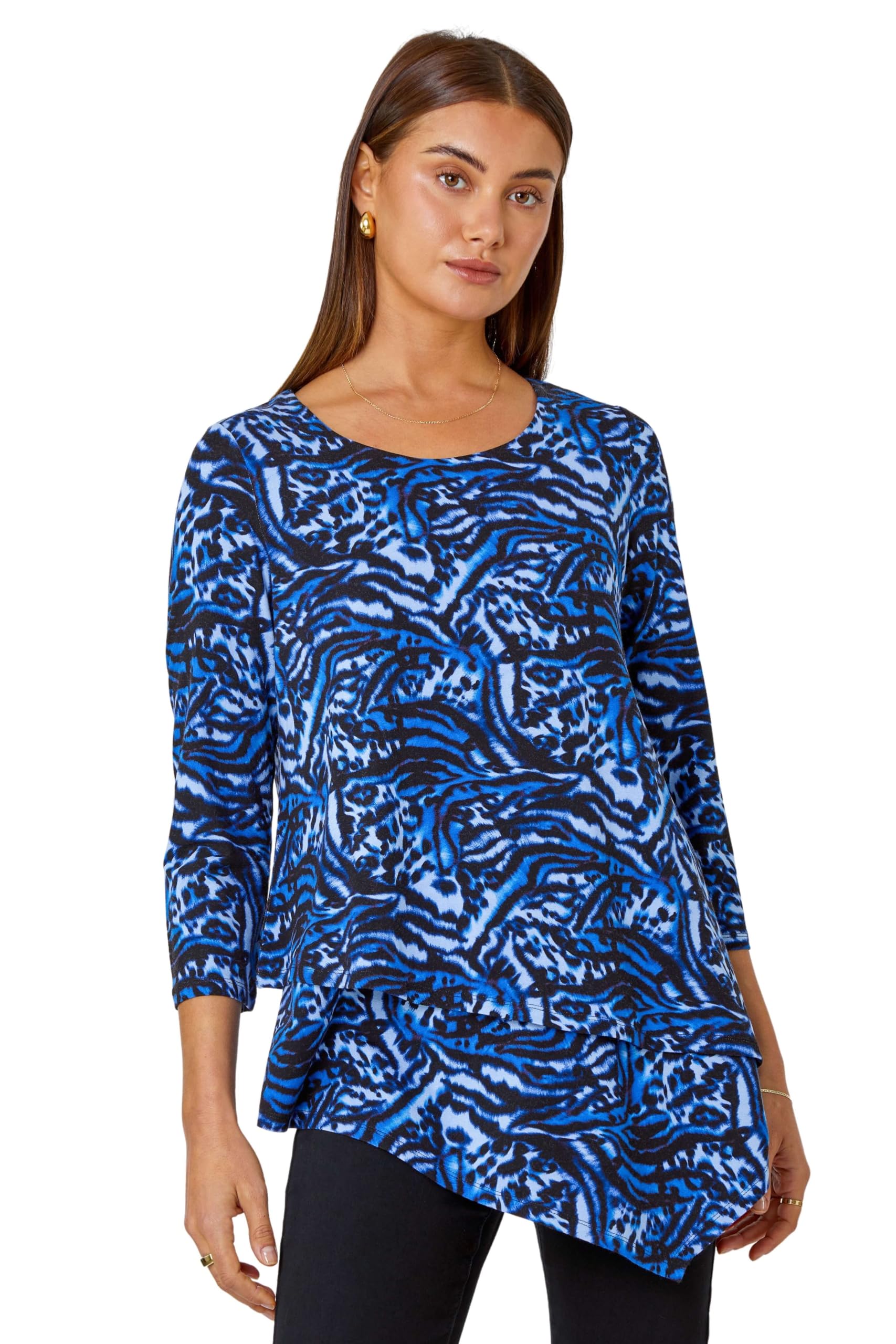 Roman Originals Women Hanky Hem Tunic Ladies Top Asymmetric Hemline Blouse Double Layer Mesh Overlay Jersey Stretchy Summer Spring Flattering 3/4 Sleeve Smart Casual Work