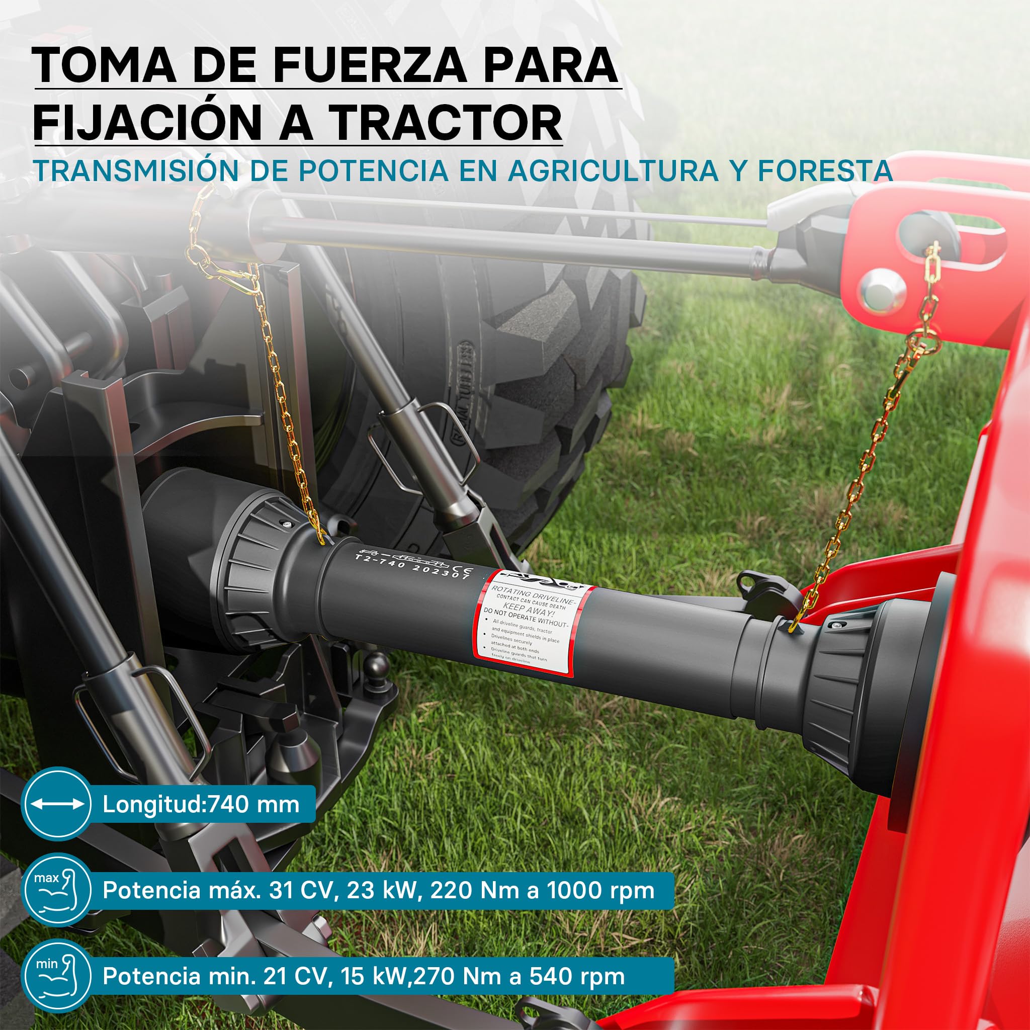WilTec Toma de Fuerza T2 Eje transmisión cardán 740-960mm 270Nm 540rpm PTO 23KW (31CV) 2X 1 3/8" 6 Dientes