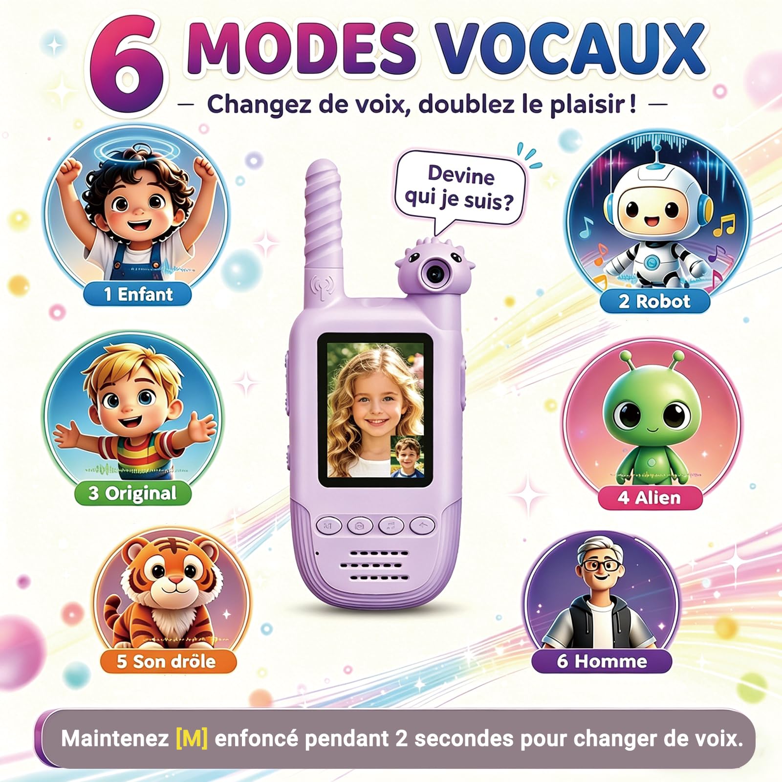 Talkie-Walkie Vidéo pour Enfants 2 Pack, Rechargeable Talkies-Walkies, Caméra Rotative 180°, 6 Effets Vocaux & 10 Sonneries, Idéal Camping Voyage Randonnée, Cadeau Garçons Filles 3-12 Ans