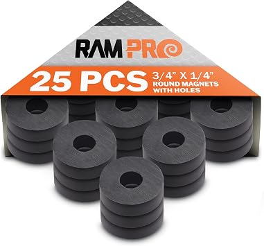 RAM-PRO 25-Piece Powerful Magnetic Round Ferrite Magnet Discs with 14 Dia. Holes 3/4" x 1/4" Universal Use on Frigidaires, Bulletin Boards & Arts-Crafts Projects, Etc.