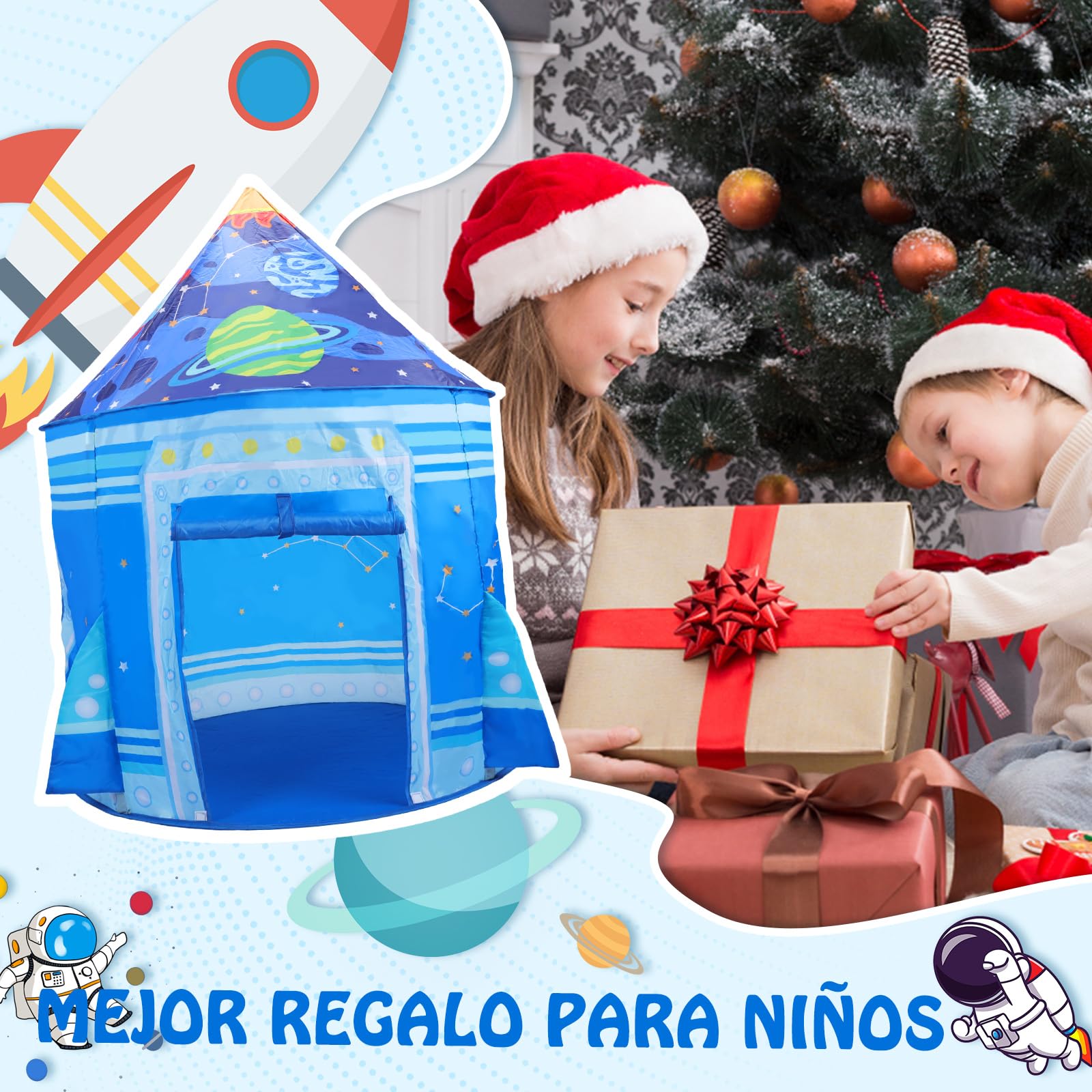 Opret Tienda Campaña Infantil, Carpa Infantil Plegable, Castillo Espacial Plegable, Regalo para Niños con Bolsa de Transporte para Interior y Exterior Adecuado Niños de 1 a 12 Años