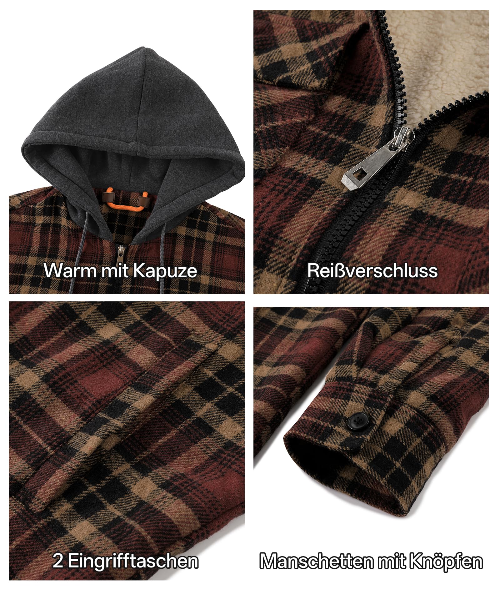 zitysport Camicia Uomo Sherpa Fleece Quadri Foderata Cappuccio Fodera in Pile Cappotto Giacca Invernale con Tasche Giacca in Flanella da Uomo a Quadri Felpa con Cappuccio