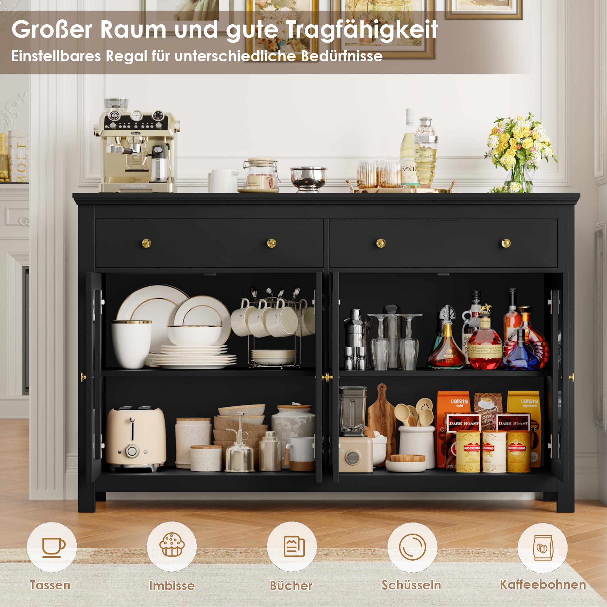 FirFurd Sideboard 140cm Breit für Küche, Küchenschrank mit Arbeitsplatte