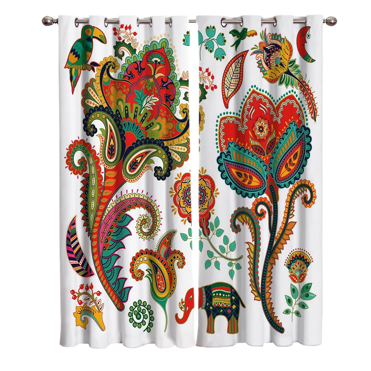 Rideaux Occultants, Rideau À Oeillet Isolants Thermiques 3D Fleur Gros Oiseau Paisley Maladroit Belle Imprimé Rideau Pour Salon Moderne Rideau De Fenêtre Lot De 2 Pour Enfant Chambre Cuisine 170X200C