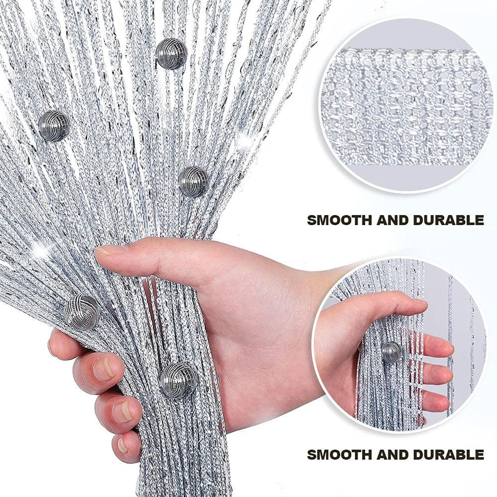 MOAZIFI Rideau à fils en perles argentées - Rideau anti-mouches pour porte de terrasse, balcon - 100 x 200 cm - Séparateur de pièce - Décoration de porte
