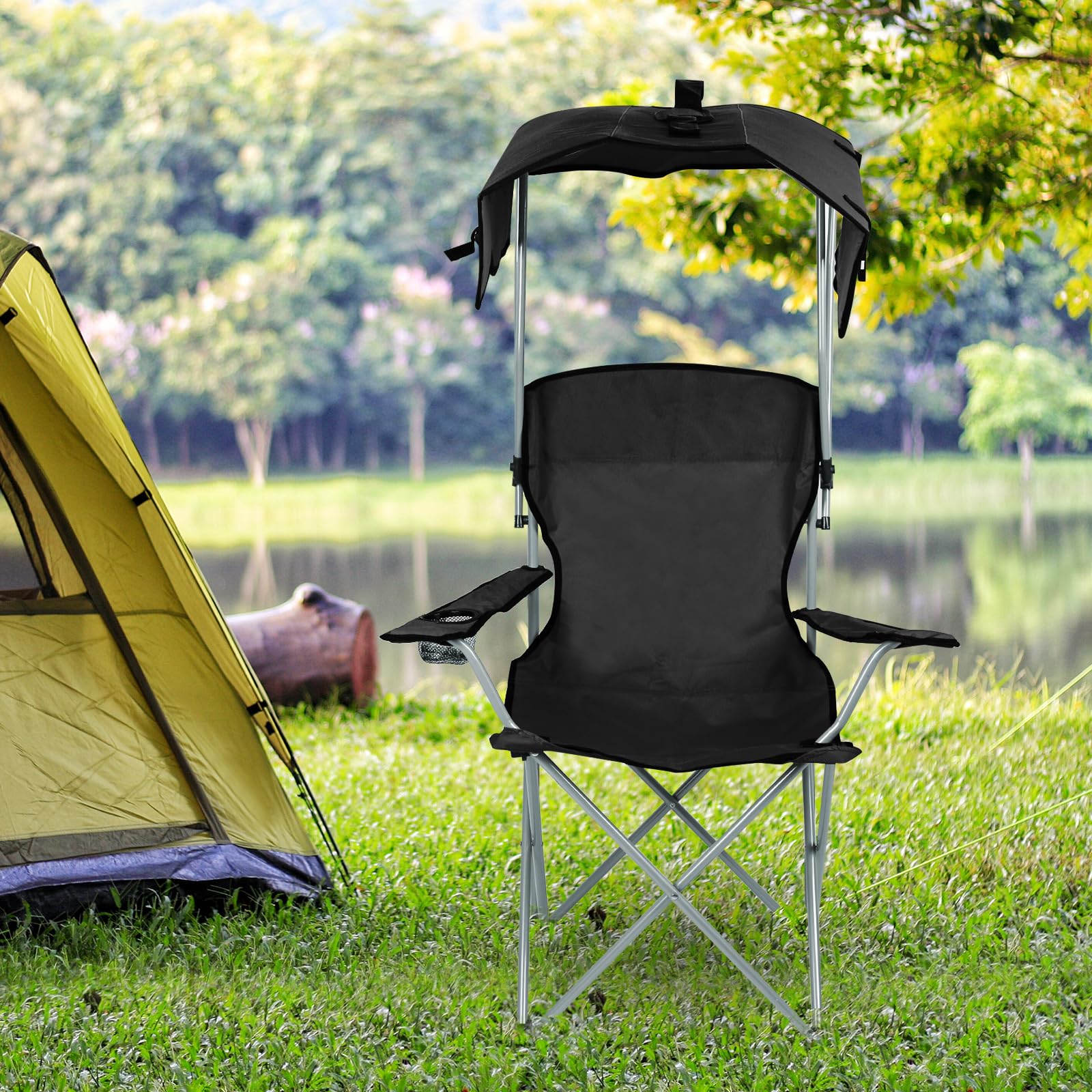 Chaise Pliante Camping Fauteuil Pliable Chaise de Plage Ultra léger avec Porte Gobelet et Sacs de Transport, Parasol, Idéal Voyages, Pêche, Festival, Camping, Plage (Noir)