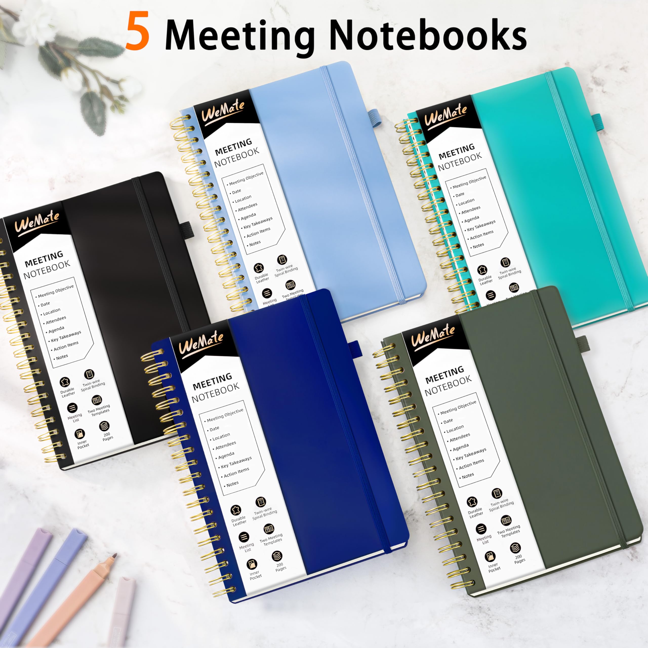 WEMATE Lot de 5 carnets de réunion pour travail (17,8 x 25,4 cm) 200 pages, carnet en cuir synthétique avec articles d'action et notes, pour le personnel et les étudiants, réunion, planification de