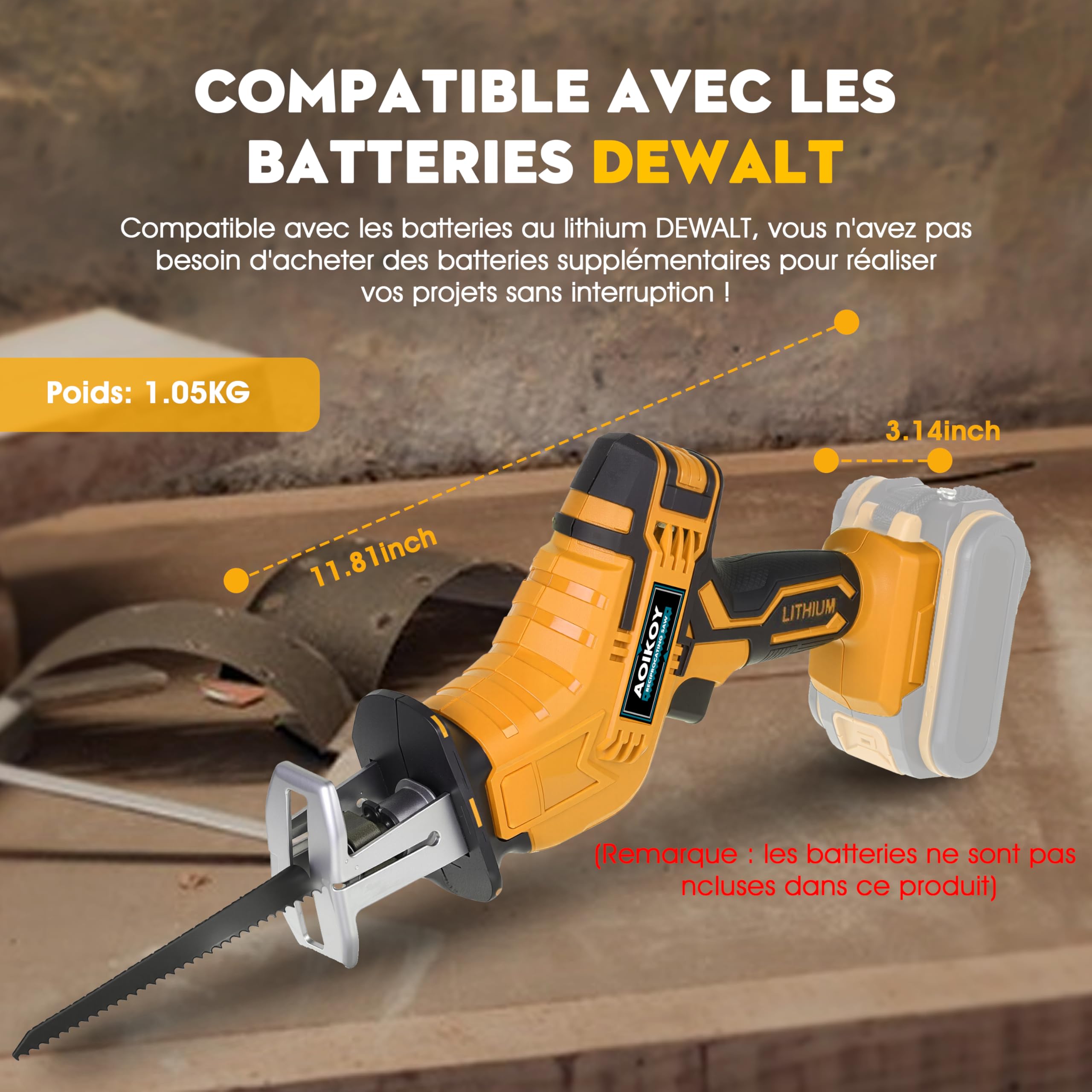 Scie Sabre Sans Fil pour Dewalt Batterie 21V, Scie Électrique Sans Fil avec 4 Lames et Boîte à Outils, Vitesse Variable 0-2500RPM pour le Bois/Métal/PVC (Batterie Non Incluse)