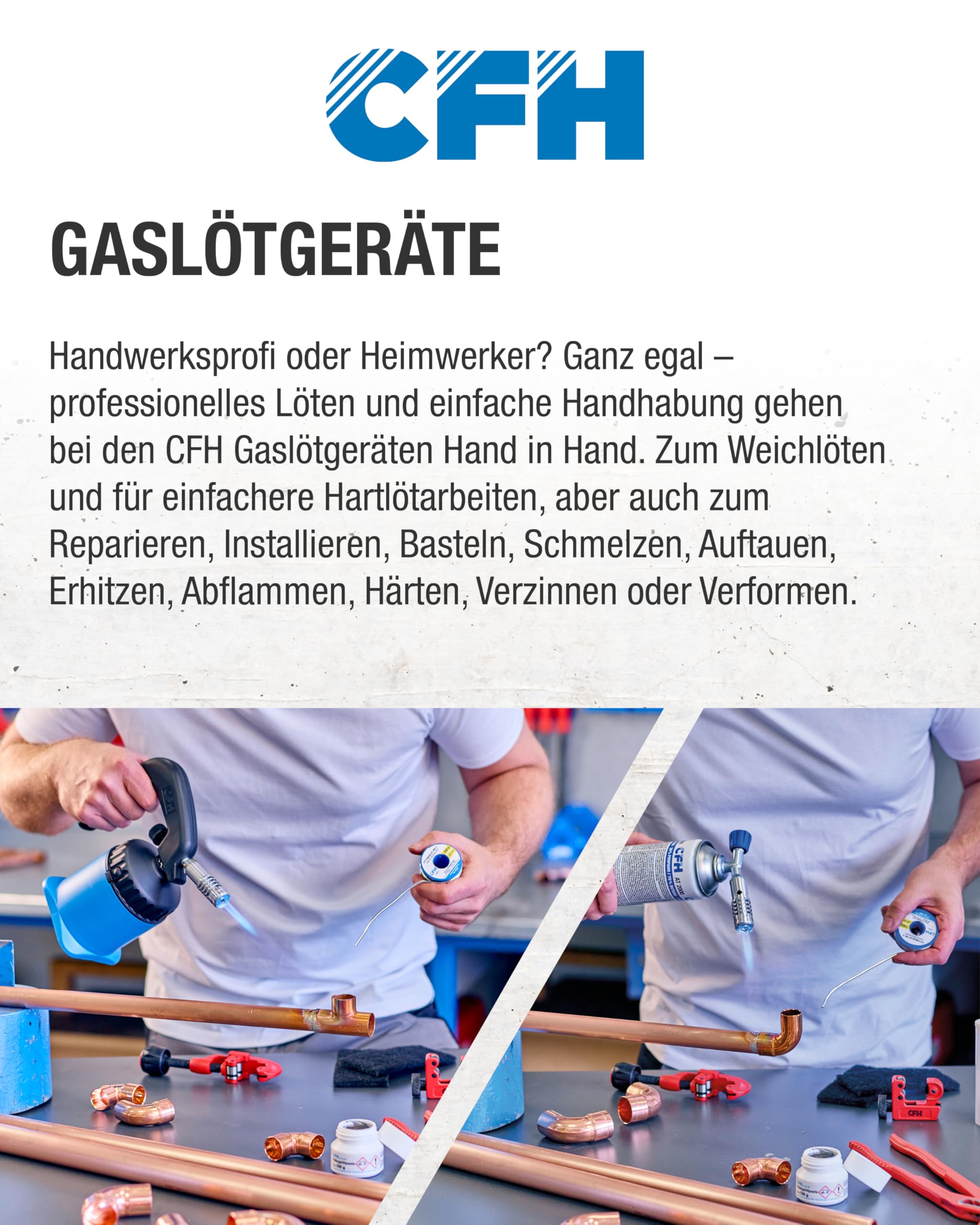 CFH Piezo Compact PC 140 - Vielzweck Gas Lötgerät mit Piezozündung, Ø 17 mm Spezialbrenner, Lötbrenner zum Hart- und Weichlöten, Lötbrenner nach DIN EN 521, TÜV SÜD Bauart geprüfte Kartusche