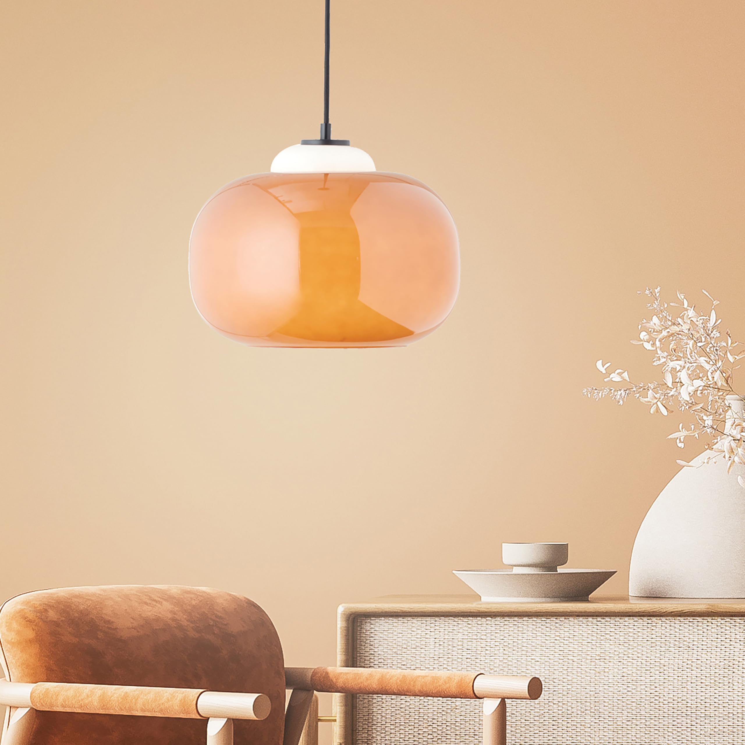 Lightbox Hängelampe Glas orange - mundgeblasene Pendelleuchte höhenverstellbar Ø 30 cm - Retro Esstisch Lampe mit Textilkabel - E27 (max .60 W), exkl. LED