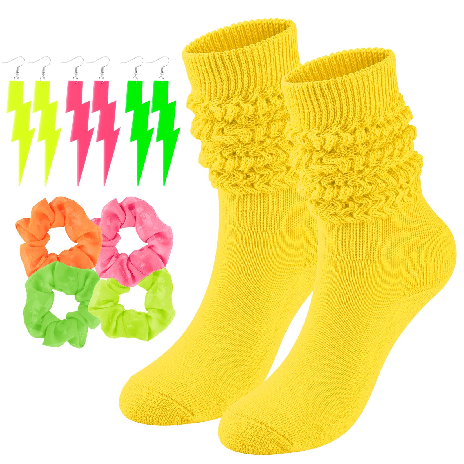 Neon Slouch Socks for Women, 80s 90s Scrunch Knee High Socks