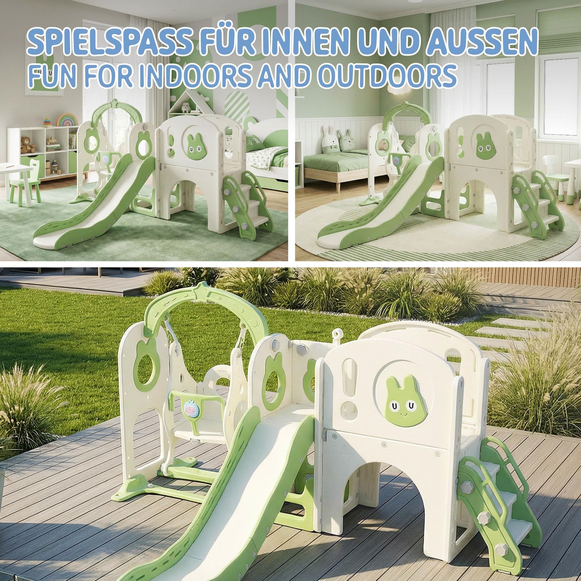 Joyz Tobogán Infantil 6 en 1, con Túnel, Columpio, Escaleras de Trepa, Canasta de Baloncesto Telescópica y Torre, Parque de Exterior/Interior, Verde Claro, Juegos para Niños a Partir de 3 Años