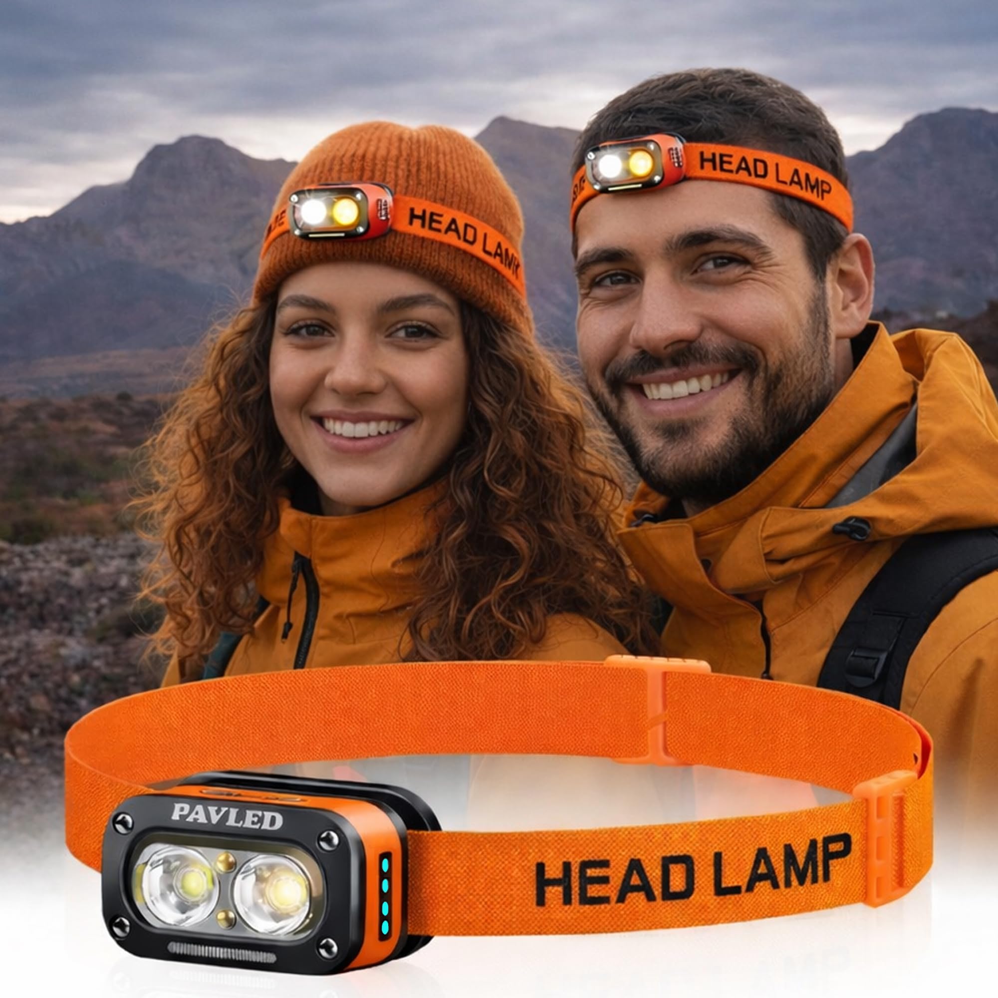PAVLED 2 Pack Head Torch USB Rechargeable Dual Lights Headlamp for Hardhat with Motion Sensor, Red Warning Light Up/Down Adjustable Waterproof Headlamps for Cycling, Car Maintenance, Running (2)