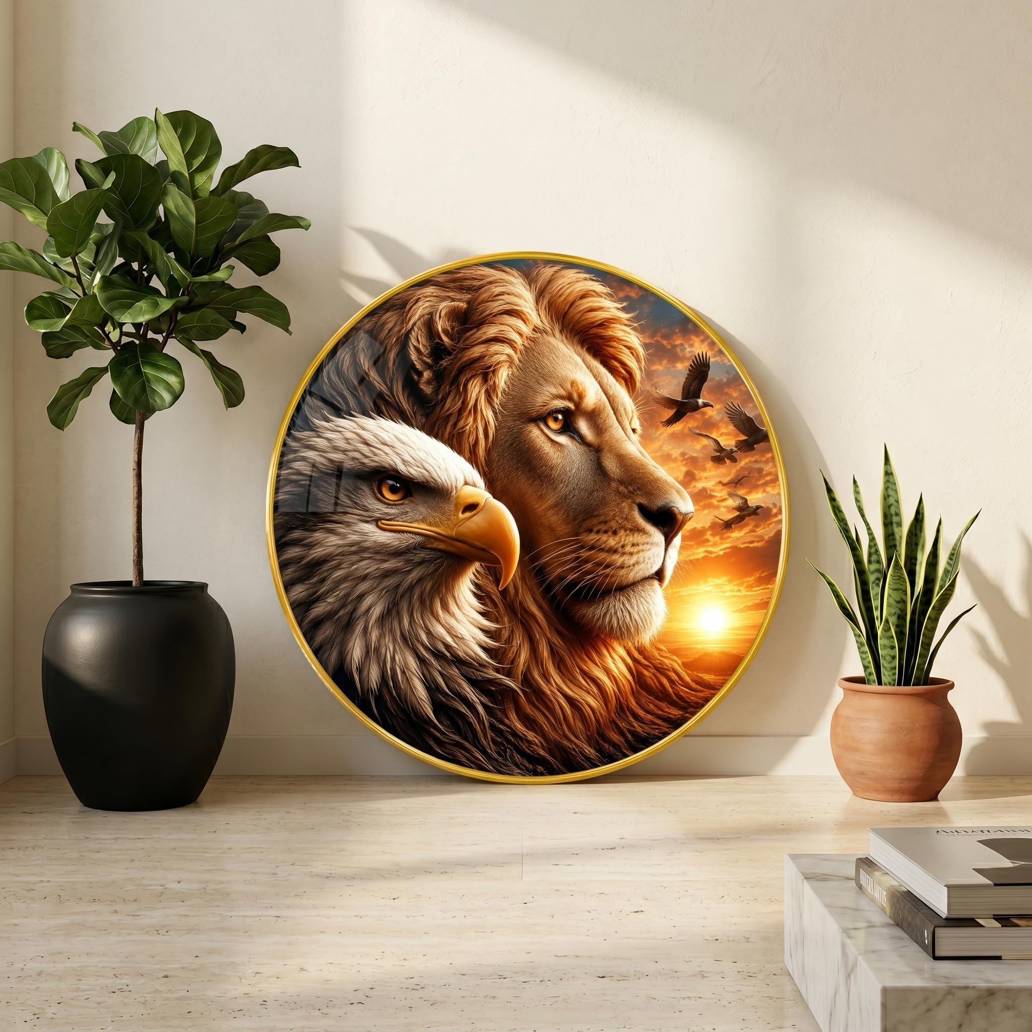 SAF Lion Eagle Round Wall Painting with Premium PVC Golden Frame