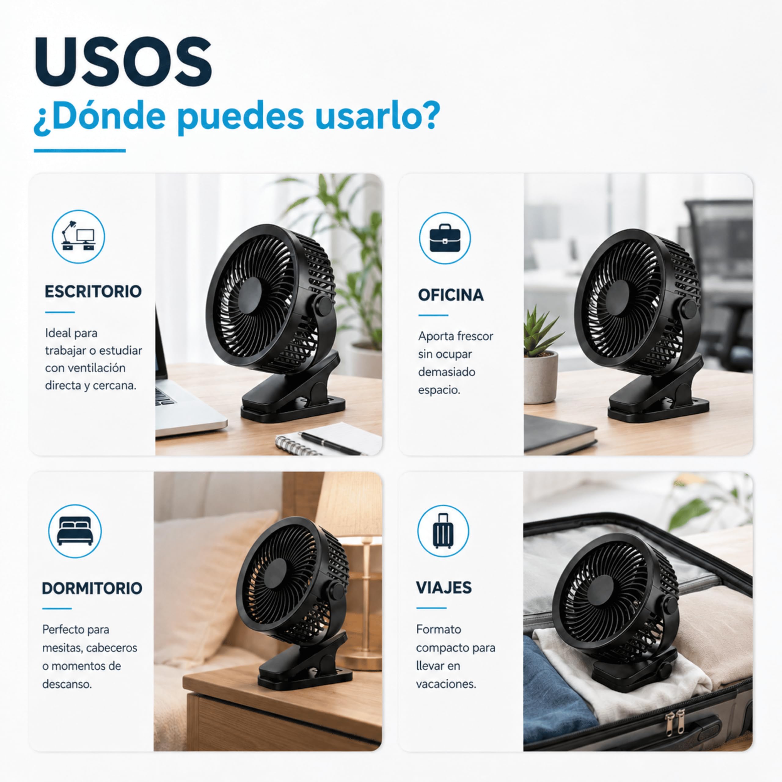 MUNTRADE Pack 5 Ventiladores de Mesa Negro con Clip Recargable USB | 3 Velocidades, Batería 800 mAh, Mini Ventilador Portátil, Escritorio, Oficina, Dormitorio, Viaje y Camping