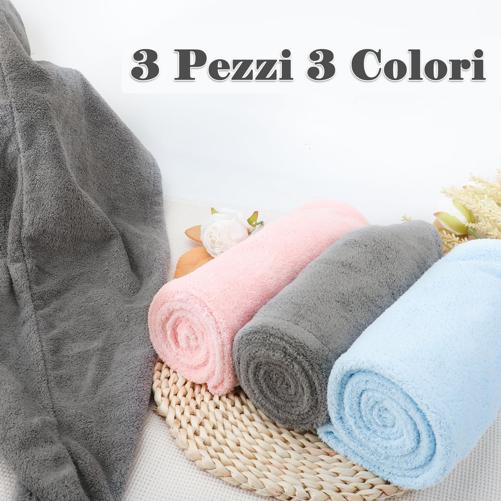 FREATECH 3 Pezzi Asciugamano Capelli in Microfibra - Asciugare Rapidamente i Capelli Bagnati senza Crespo, Turbante Capelli Morbido e Assorbente con 3 Bottoni per Donna, Bambino, Capelli Lunghi Ricci