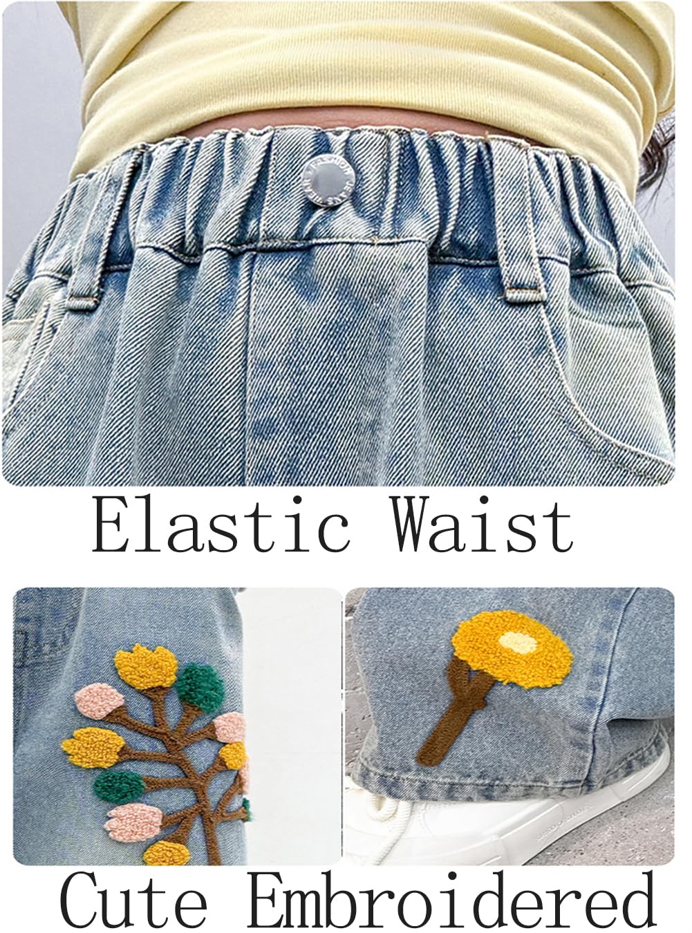 HBER Jeans holgados de pierna recta para niña, estilo casual, Y2K, bonitos pantalones de mezclilla bordados con cintura elástica para niños, adolescentes y niñas