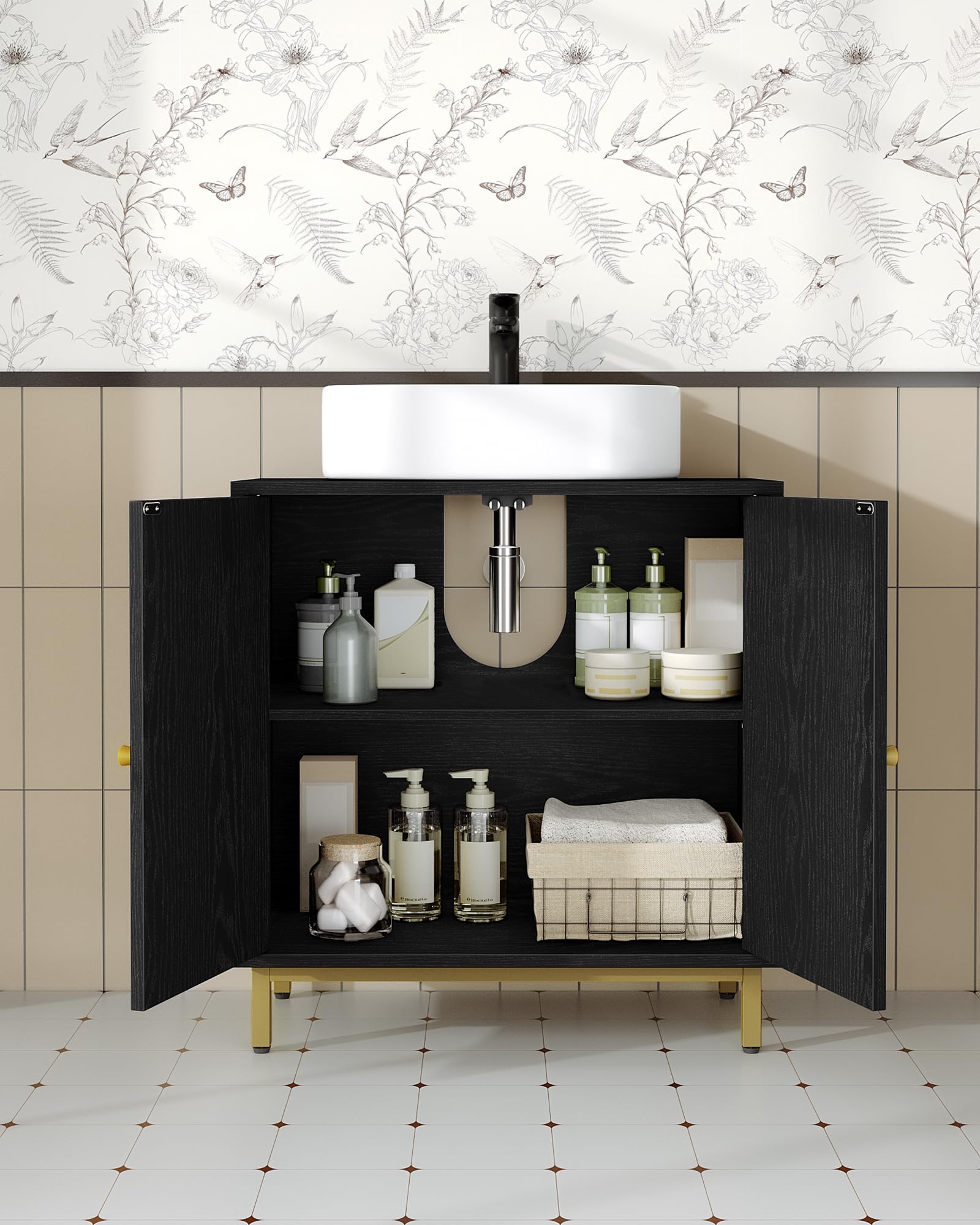 Hzuaneri Armario de Baño, Armario del Lavabo, Mueble de Almacenaje, con 2 Puertas, 2 Compartimentos, Balda Ajustable en Altura, Resistente a la Humedad, 30 x 60 x 63 cm, Color Negro BC19104G