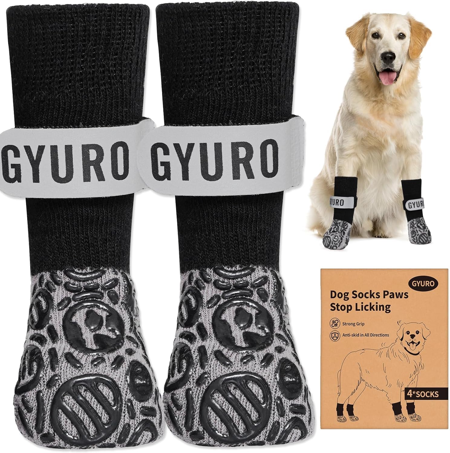 GYURO 2Pairs Anti Slip Dog socks paws stop licking,Dog Boots&Paw Protector for Hardwood Floors Anti Slip,Traction Control No Twist Grip Booties for Small Medium Large Senior Dogs (Black, XXL) — image 1