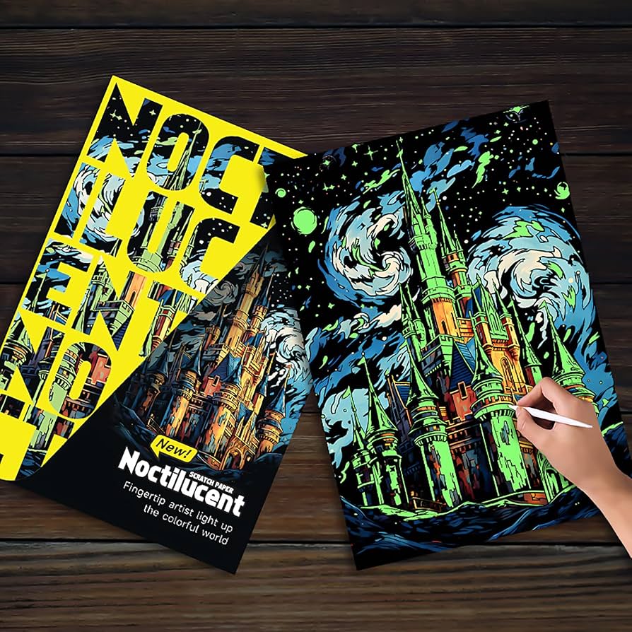 Scratch Art For Kids & Adults, Rainbow Painting Night View Scratchboard(A4), Crafts Set: 8 Sheets Scratch Cards With 6 Tools In Bag - Unicorn/Flamingo/Cat/Deer/Lion/Tiger/Leopard/Wolf (Animal Series