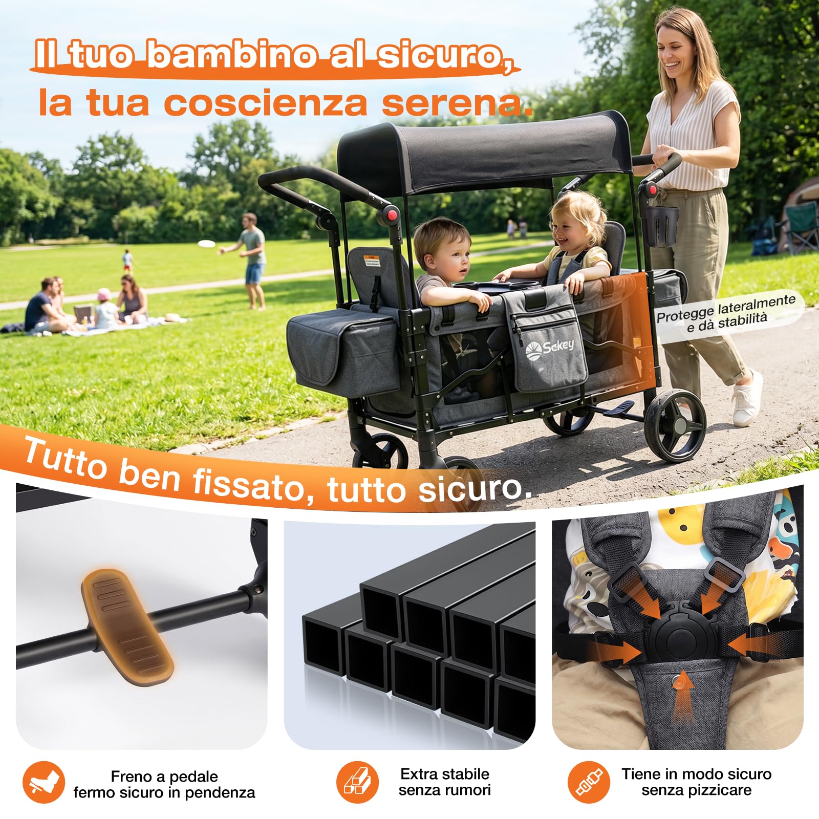 Sekey Carrello pieghevole per bambini, modalità gemelli, con tendina da sole per 2 bambini, maniglia a spinta duo, passeggino doppio con 2 sistemi di imbracatura a 5 punti integrati, Luxer 6060, Nero