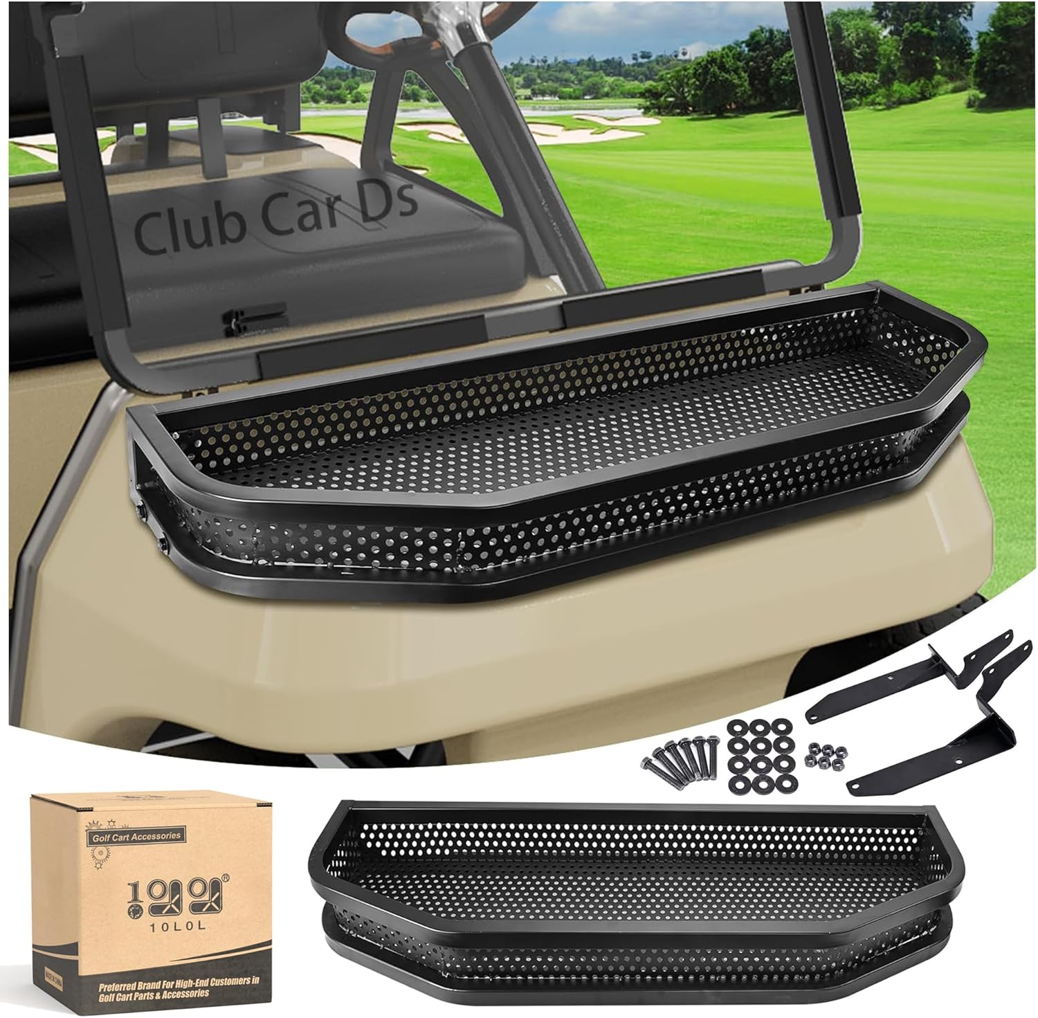 10L0L Golf Cart Front Cargo Basket for EZGO TXT/RXV、Club Car DS/Precedent、Yamaha G22/G29 - Heavy-Duty Steel Mesh Storage Rack, Gas/Electric Compatible